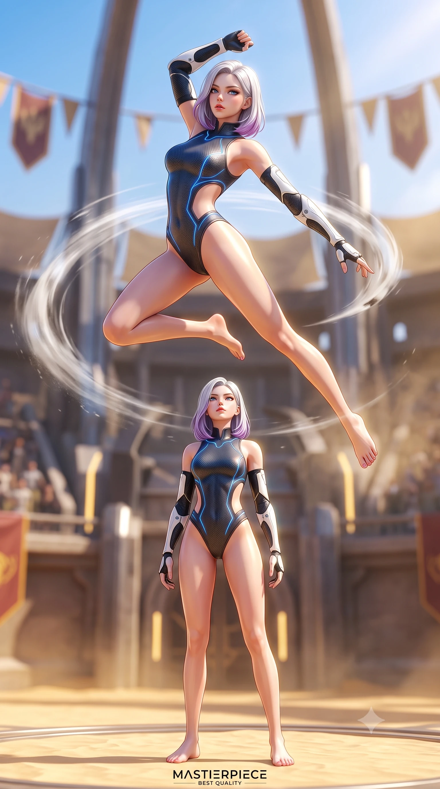 score_9, masterpiece, best quality, ultra-detailed, high-budget anime keyframe, semi-realistic 3D game render, editorial fashion photography, tasteful artistic composition, Caucasian woman. low angle full-body shot from head to toe showing her feet, filling the entire 9:16 vertical frame with her statuesque presence, stretching her vertical silhouette. leaping into mid-air with an athletic yet alluring arch of her spine, driving a downward kinetic strike surrounded by a ring of displaced air while standing victorious in the center of the arena with arms at her sides, looking up into the grandstands with regal poise. The composition keeps background elements in soft focus with creamy bokeh. massive arena titanium arches and banner pennants softened in dramatic shallow depth of field. She has an absolutely perfect, statuesque 8.5-heads proportion, an exceptionally tall and slender model-like female figure with impossibly long slender legs, a toned flat midriff, and an ultra-slim waist. sharp v-shaped jawline, high-bridge nose, intricate jewel-like eyes with depth, thick eyelashes, glossy lips with a natural sheen, flawlessly proportioned anatomical accuracy, strict slender model proportions, natural body alignment, perfectly sculpted long slender limbs, ultra-slim waistline, clean dynamic posture without body distortion. wearing an aerodynamic dark titanium carbon-mesh jumper with glowing blue fiber lines and reinforced Damascus-pattern arm guards in monochrome white enamel carbon with high-contrast black panels, crafted from ultra-strong woven carbon-fiber composite with a satin luster, reinforced by a sleek titanium kinetic harness and glowing micro-energy straps, the precision-cut daring openings accentuating her delicate midriff, graceful bare collarbones, and ultra-slim feminine waistline. bathed in brilliant midday desert sunshine and warm golden sand surface reflections. rich saturated anime colors with glowing neon highlights, detailed shading with soft gradients, rich glossy textures, high-contrast stereoscopic depth, volumetric dynamic lighting, master piece, 9:16 ratio