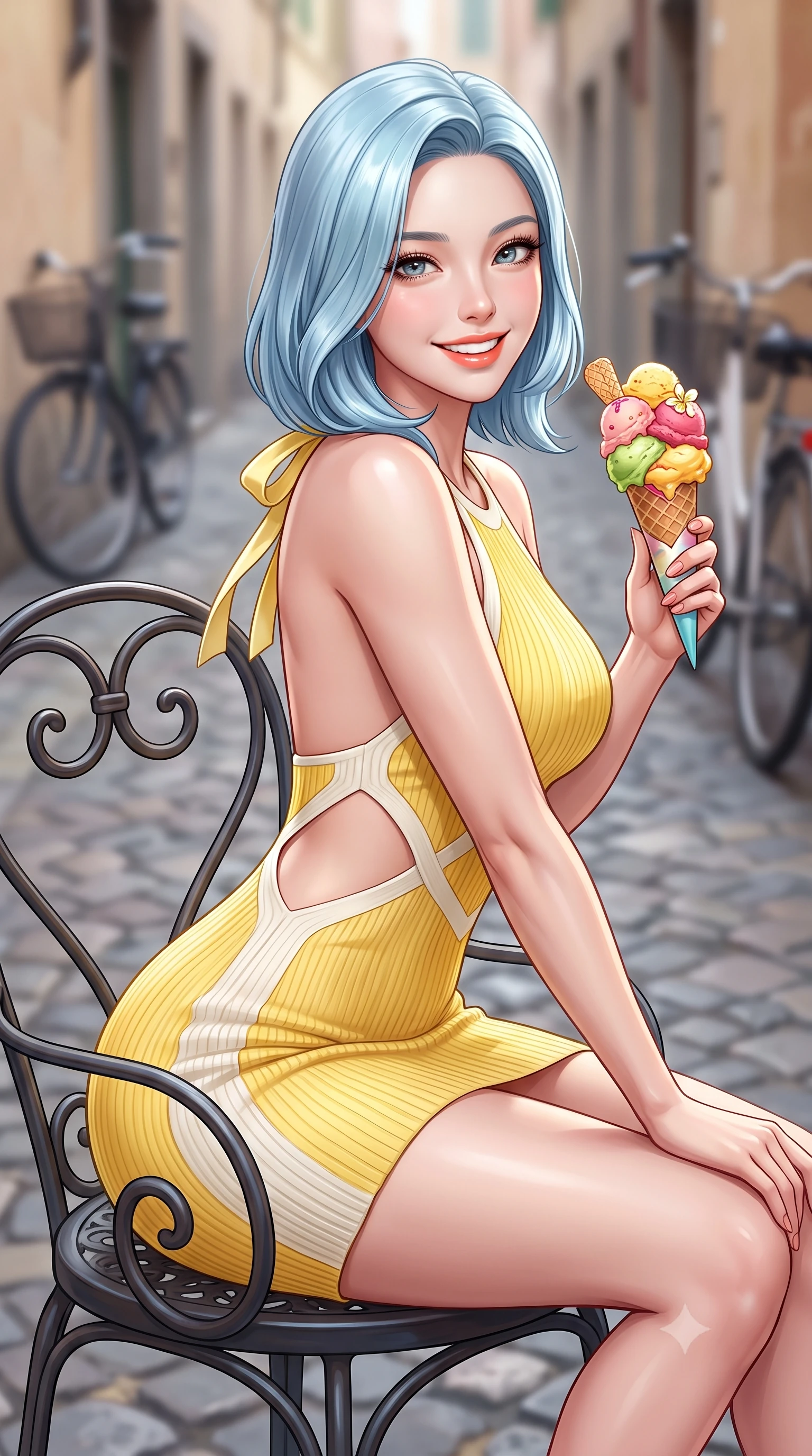 score_9, masterpiece, best quality, ultra-detailed, high-budget anime keyframe, semi-realistic 3D game render, editorial fashion photography, tasteful artistic composition, Korean woman. close-up cowboy shot from the waist and thighs up, the character dominates the composition, filling the frame with her large presence. leaning forward with playful cute grace while arching her lower back to accentuate her curvy hips, looking into the camera with a bright cheerful smile and alluring coquettish bedroom-eyes while sitting perched on a wrought-iron patio chair holding a colorful artisanal gelato cone, arching her back with a delightfully cute, playful smile. The composition keeps background elements in soft focus with dreamy creamy bokeh. cobblestone alleys and bicycle silhouettes softened in charming Italian shallow focus. She has an exceptionally elegant, slender, and willowy female figure with an ultra-slim waist, flat toned midriff, narrow ribcage, and sculpted feminine hips creating an alluring, slim hourglass silhouette without bulk. sharp v-shaped jawline, high-bridge nose, intricate jewel-like sparkling eyes with depth, thick eyelashes, glossy parted lips with a natural peach sheen, bright cheerful beaming smile with an enchanting and coquettish sensual glint, exuding both youthful cute charm and seductive allure, flawlessly proportioned anatomical accuracy, strict slender model proportions, natural body alignment, perfectly sculpted long slender limbs, ultra-slim waistline, clean dynamic posture without body distortion. wearing a backless pastel halter sundress with side-waist diamond cutouts and an ultra-fitted hip-hugging silhouette in bright butter yellow and fresh cream white, formed from supple second-skin stretch ribbed knit clinging to her form, finished with cute satin bow ribbons tying at the shoulders, the form-contouring cut accentuating her sculpted flat midriff, narrow delicate ribcage, and gracefully curvy hips with supermodel precision. illuminated by crisp directional highlights accentuating her sculpted midriff, narrow waist, and curvy hips. highly saturated vibrant anime colors, detailed shading with soft gradients, rich glossy textures, high-contrast stereoscopic depth, volumetric dynamic lighting, master piece, 9:16 ratio