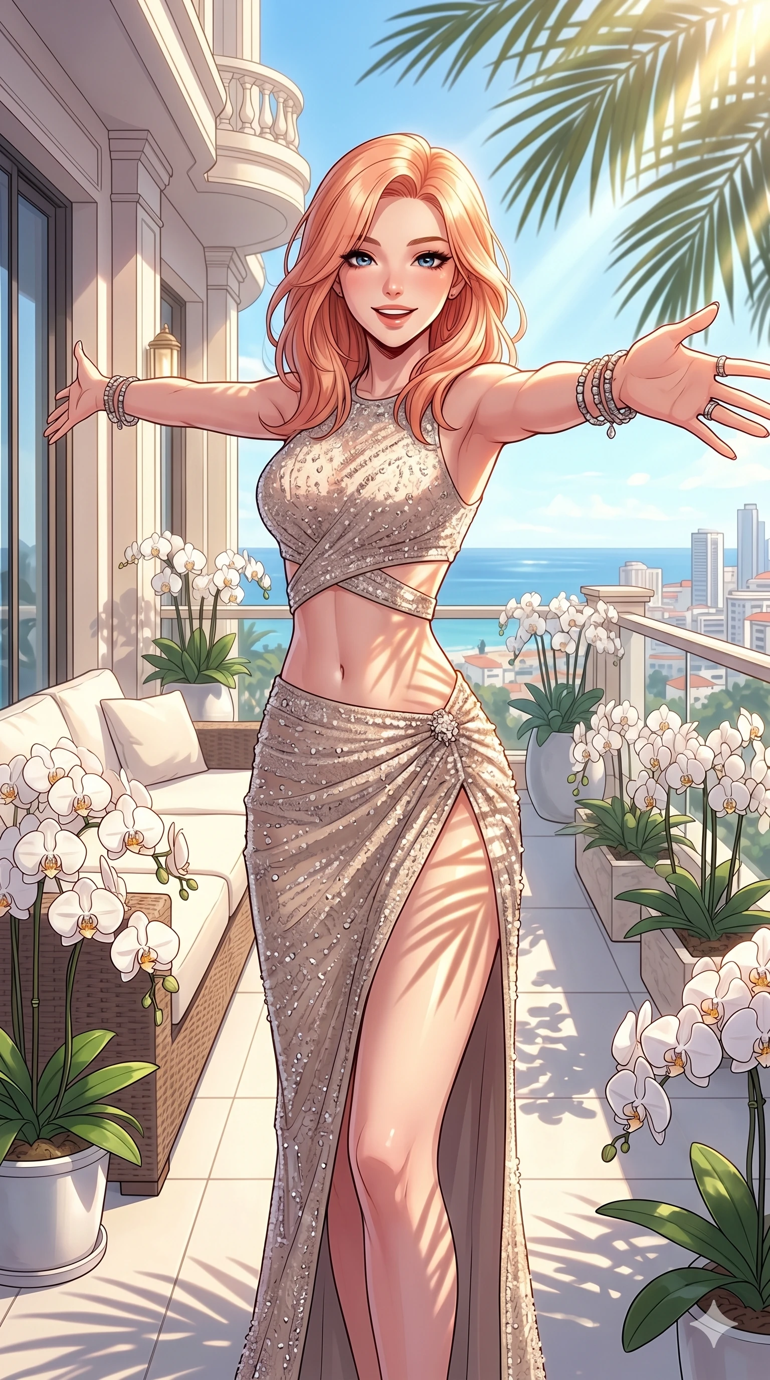 score_9, masterpiece, best quality, ultra-detailed, high-budget anime keyframe, vibrant anime aesthetic, Japanese woman. cowboy shot from the thighs up, character and outfit filling the frame for maximum presence. She is posing with a joyful, energetic smile, stretching her arms out playfully on a hotel suite terrace with white orchids (Code-P20-108). She has an absolutely perfect 8-heads proportion, an exceptionally tall and slender female figure with impossibly long slender legs and an ultra-slim waist. V-shaped jawline, high-bridge nose, intricate jewel-like eyes with depth, thick eyelashes, glossy lips with a natural sheen. wearing a fusion top with exposed waist and high-slit skirt. She is drenched in brilliant afternoon sunshine, casting patterns of palm leaves over her. 2k, ultra detail, master piece, 9:16 ratio
