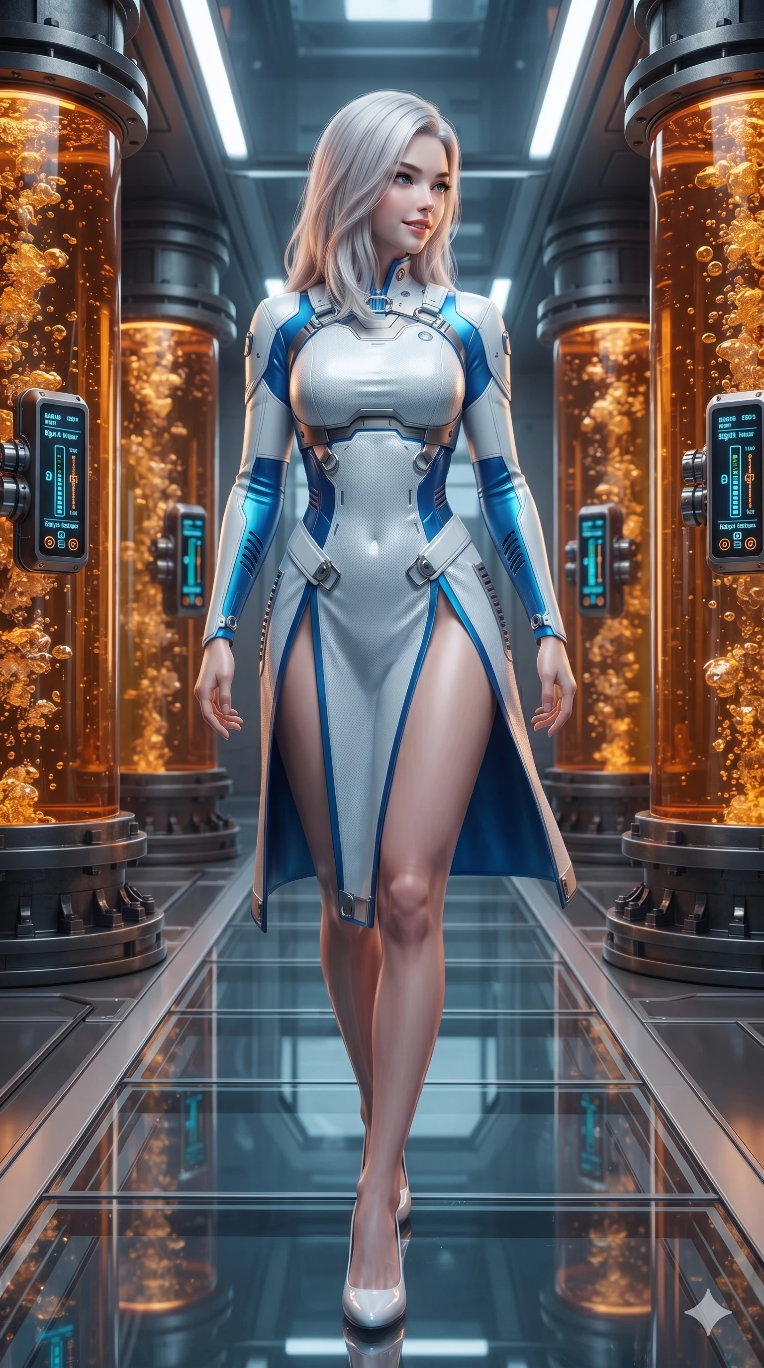 score_9, masterpiece, best quality, ultra-detailed, high-budget anime keyframe, editorial fashion photography, tasteful artistic composition, Korean woman. low angle full-body shot from head to toe showing her feet, filling the entire 9:16 vertical frame with her statuesque presence, stretching her vertical silhouette. walking slowly along the transparent glass skybridge, looking back over her shoulder with an air of effortless grace and an alluring, smoldering smile while standing poised between towering cylindrical coolant columns filled with bubbling amber liquid, arching her lower back with magnetic supermodel poise. The surrounding environment is rendered in vivid detail and crisp panoramic clarity: sharp glass tube wall reflections, precision flow meter digital readouts, and heavy steel flange bolts in deep focus. She has an absolutely perfect, statuesque 8.5-heads proportion, an exceptionally tall and slender model-like female figure with impossibly long slender legs, an ultra-slim waist, a flat toned midriff, narrow delicate ribcage, and beautifully sculpted feminine hips creating a graceful, slim hourglass silhouette without any bulky heaviness. sharp v-shaped jawline, high-bridge nose, intricate jewel-like sparkling eyes with depth, thick eyelashes, glossy parted lips with a natural sheen, bright confident smile with an enchanting and coquettish sensual glint, exuding both youthful magnetic charm and sovereign high-tech allure, flawlessly proportioned anatomical accuracy, strict slender model proportions, natural body alignment, perfectly sculpted long slender limbs, ultra-slim waistline, clean dynamic posture without body distortion. wearing a cyber-samurai tactical suit featuring a shortened carbon chestplate and high-slit armored wrap skirt in arctic snowflake white and electric plasma blue, crafted from lightweight aerodynamic matte carbon-fiber weave with structural stiffness, finished with sharp laser-cut side ventilation slits framed by silver hardware rings, the form-contouring cut accentuating her sculpted flat midriff, narrow delicate ribcage, and gracefully curvy hips with cybernetic supermodel precision. illuminated by floor puddle reflections and sharp amber-white rim lights carving her sculpted collarbones, ultra-slim waist, and curvy hips. ultra-reflective glossy finish, specular highlights, rich textural contrasts, high-contrast stereoscopic depth, volumetric dynamic lighting, 2k, ultra detail, master piece, 9:16 ratio