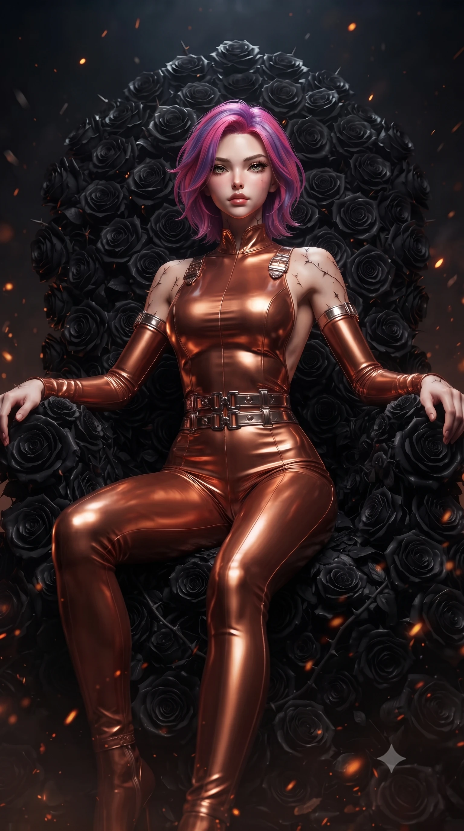 score_9, masterpiece, best quality, ultra-detailed, High-budget Anime Keyframe, editorial fashion photography, tasteful artistic composition, realistic cosplay photography, Caucasian woman, strictly human ears. Low angle cowboy shot filling the entire 9:16 frame with her statuesque presence. Scenario 479: resting on a throne of black roses, thorns grazing her skin, in a quiet chamber filled with glowing embers and floating ash particles. Her presence is magnetic and overpowering in this high-budget cinematic scene. Outfit 479: a form-contouring metallic copper bodycon knit catsuit with a dramatic backless design and metallic buckles. The clothing is designed to emphasize her exceptionally tall and slender 8-heads proportion. 8-heads proportion, towering silhouette, ultra-slim waist. sharp v-shaped jawline, intricate jewel-like eyes with depth, thick eyelashes, glossy lips. ultra-reflective glossy finish, specular highlights, metallic sheen, high-contrast stereoscopic depth, volumetric dynamic lighting, 2k, ultra detail, master piece, 9:16 ratio