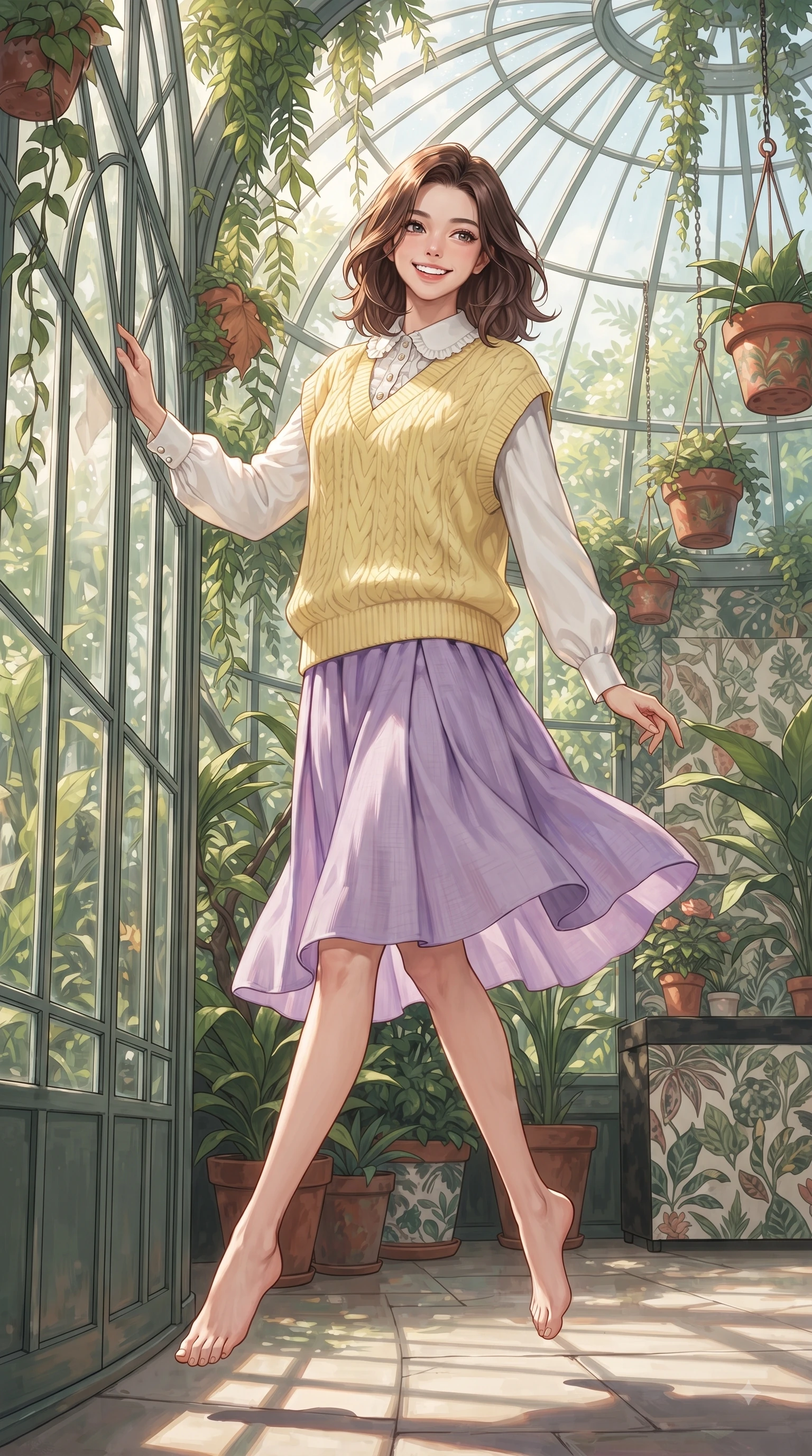 score_9, masterpiece, best quality, ultra-detailed, high-budget anime keyframe, editorial fashion photography, tasteful artistic composition, Korean woman. low angle full-body shot from head to toe showing her feet, filling the entire 9:16 vertical frame with her statuesque presence, stretching her vertical silhouette. leaping with pure youthful energy through the scene with a radiant bright smile, her long slender legs balanced gracefully while leaning against a glass greenhouse wall surrounded by hanging terracotta flower pots and ivy. The surrounding environment is rendered in vivid detail and crisp panoramic clarity. intricate glasshouse dome architecture, cascading tropical vines, and vibrant botanical garden displays in deep focus. She has an absolutely perfect, statuesque 8.5-heads proportion, an exceptionally tall and slender model-like female figure with impossibly long slender legs and an ultra-slim waist. sharp v-shaped jawline, high-bridge nose, intricate jewel-like eyes with depth, thick eyelashes, glossy lips with a natural sheen, flawlessly proportioned anatomical accuracy, natural body alignment, perfectly sculpted elegant limbs, clean dynamic posture without body distortion. wearing a vintage oversized knit sweater vest layered over a crisp white long-sleeve blouse and pleated skirt in soft lemon yellow and lavender violet, crafted from soft breathable linen, finished with subtle ruffle trims and delicate pearl buttons, the soft airy drape swaying gracefully with her dynamic movements. surrounded by a peaceful, sun-drenched, and healing greenhouse atmosphere. ultra-reflective glossy finish, specular highlights, metallic sheen, high-contrast stereoscopic depth, volumetric dynamic lighting, 2k, ultra detail, master piece, 9:16 ratio