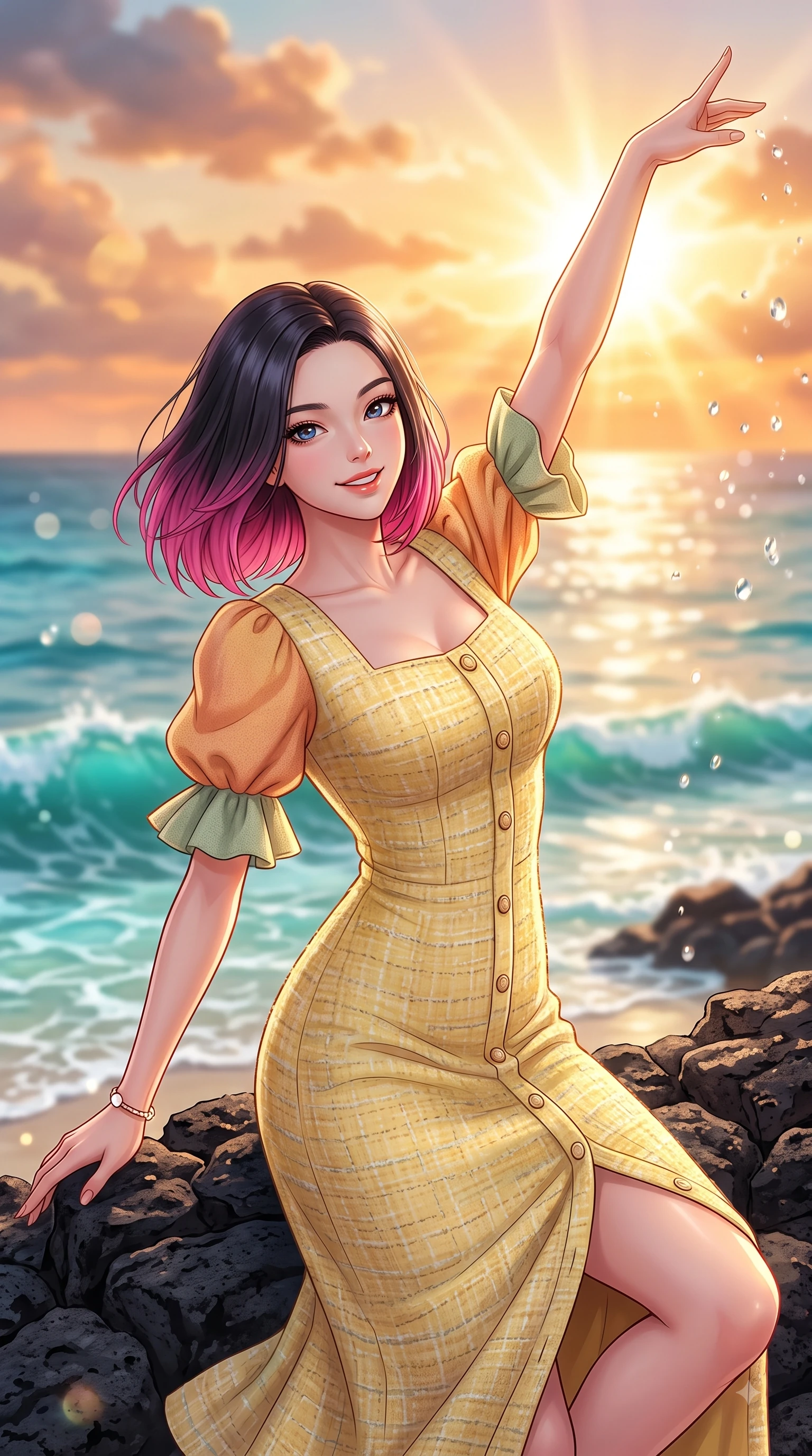 score_9, masterpiece, best quality, ultra-detailed, high-budget anime keyframe, editorial fashion photography, tasteful artistic composition, Korean woman. close-up cowboy shot from the waist and thighs up, the character dominates the composition, filling the frame with her large presence. Extending one arm in an elegant stretch toward the light while smiling with vibrant, youthful self-assurance while pivoting dynamically on dark volcanic basalt rocks as clear turquoise ocean waves lap near the shoreline. The composition keeps background elements in soft focus with dreamy bokeh. warm beach sunlight refracting off water droplets blurred into a soft pastel backdrop. She has an exceptionally elegant, slender, and willowy female figure with an ultra-slim waist, a gracefully sculpted slender torso, and a refined silhouette. sharp v-shaped jawline, high-bridge nose, intricate jewel-like eyes with depth, thick eyelashes, glossy lips with a natural sheen, flawlessly proportioned anatomical accuracy, natural body alignment, perfectly sculpted elegant limbs, clean dynamic posture without body distortion. wearing a cheerful daffodil-yellow button-front midi dress with short puff sleeves in warm apricot and sage green, tailored from soft pastel tweed with subtle metallic thread, featuring elegant flutter sleeves and a graceful square neckline, the chic real-way fashion cut emphasizing her effortless charm. illuminated by a glorious golden hour sunburst painting the clouds in joyful peach and amber. highly saturated vibrant anime colors, detailed shading with soft gradients, rich glossy textures, high-contrast stereoscopic depth, volumetric dynamic lighting, master piece, 9:16 ratio