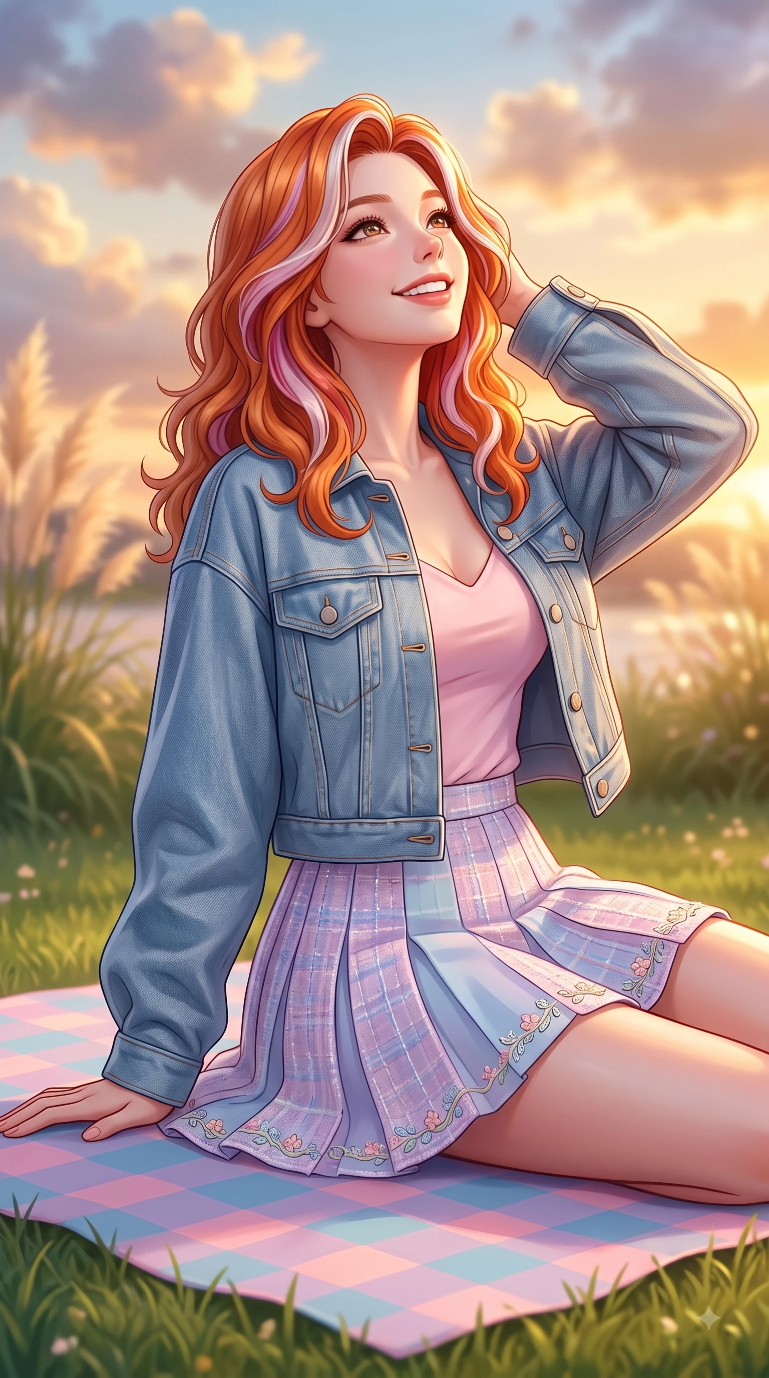 score_9, masterpiece, best quality, ultra-detailed, high-budget anime keyframe, editorial fashion photography, tasteful artistic composition, Caucasian woman. close-up cowboy shot from the waist and thighs up, the character dominates the composition, filling the frame with her large presence. Tilting her chin up with a sweet beaming smile of pure delight while balancing dynamically amidst the scene while sitting gracefully on a pastel checkered picnic mat on a green riverfront lawn during golden hour. The composition keeps background elements in soft focus with dreamy bokeh. swaying pampas grass and glowing sunset clouds softened in a dreamy background focus. She has an exceptionally elegant, slender, and willowy female figure with an ultra-slim waist, a gracefully sculpted slender torso, and a refined silhouette. sharp v-shaped jawline, high-bridge nose, intricate jewel-like eyes with depth, thick eyelashes, glossy lips with a natural sheen, flawlessly proportioned anatomical accuracy, natural body alignment, perfectly sculpted elegant limbs, clean dynamic posture without body distortion. wearing a trendy oversized denim jacket over a soft pastel pink camisole and white pleated mini skirt in soft pastel lavender and sky blue, tailored from soft pastel tweed with subtle metallic thread, complemented by delicate embroidered floral trim along the hem, the soft airy drape swaying gracefully with her dynamic movements. bathed in glorious golden hour sunset sunbeams and warm amber sky radiance. highly saturated vibrant anime colors, detailed shading with soft gradients, rich glossy textures, high-contrast stereoscopic depth, volumetric dynamic lighting, master piece, 9:16 ratio