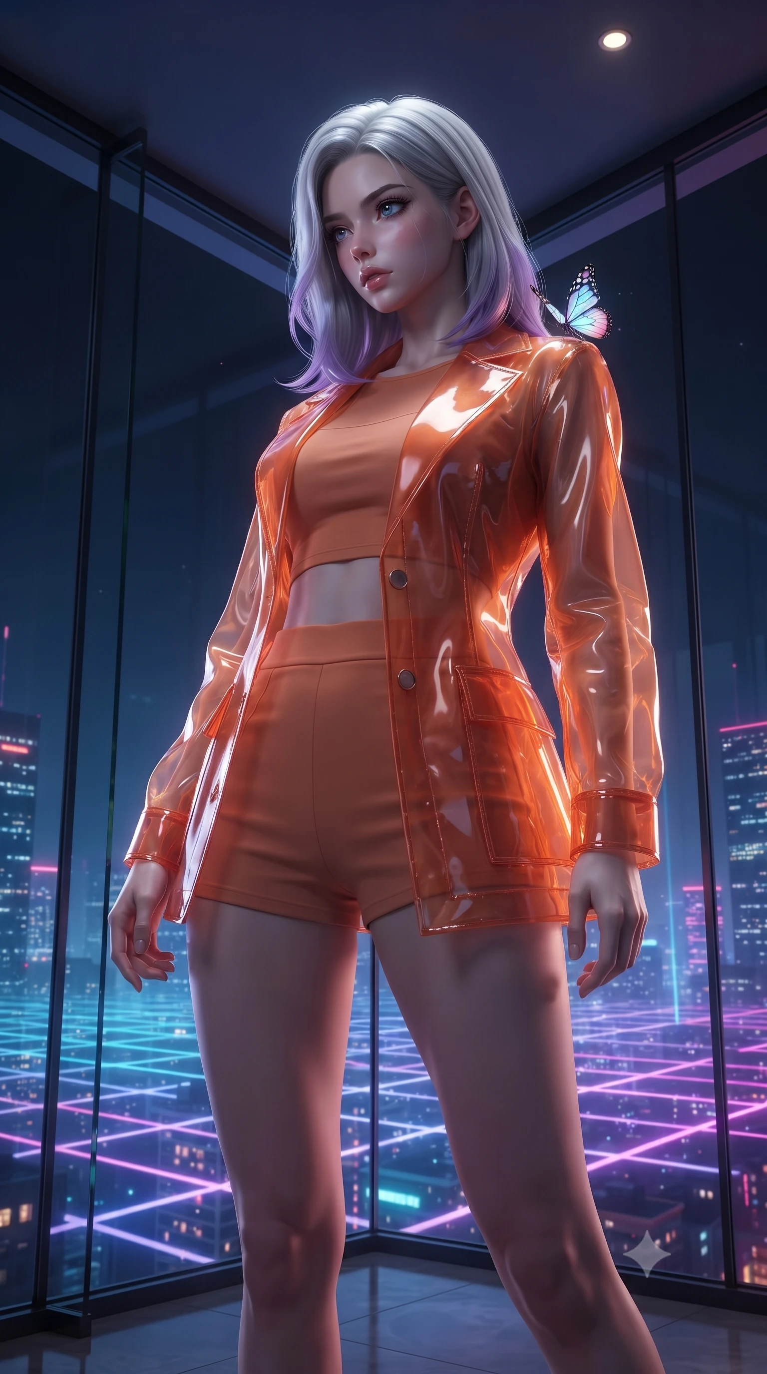score_9, masterpiece, best quality, ultra-detailed, High-budget Anime Keyframe, editorial fashion photography, tasteful artistic composition, realistic cosplay photography, Caucasian woman, strictly human ears. Low angle cowboy shot filling the entire 9:16 frame with her statuesque presence. Scenario 545: watching digital butterflies land on her shoulders in a luxury penthouse with floor-to-ceiling glass walls overlooking a neon grid. Her presence is magnetic and overpowering in this high-budget cinematic scene. Outfit 545: a tailored sunset orange sheer organza jacket worn over an opaque crop top and high-waisted shorts. The clothing is designed to emphasize her exceptionally tall and slender 8-heads proportion. 8-heads proportion, towering silhouette, ultra-slim waist. sharp v-shaped jawline, intricate jewel-like eyes with depth, thick eyelashes, glossy lips. ultra-reflective glossy finish, specular highlights, metallic sheen, high-contrast stereoscopic depth, volumetric dynamic lighting, 2k, ultra detail, master piece, 9:16 ratio