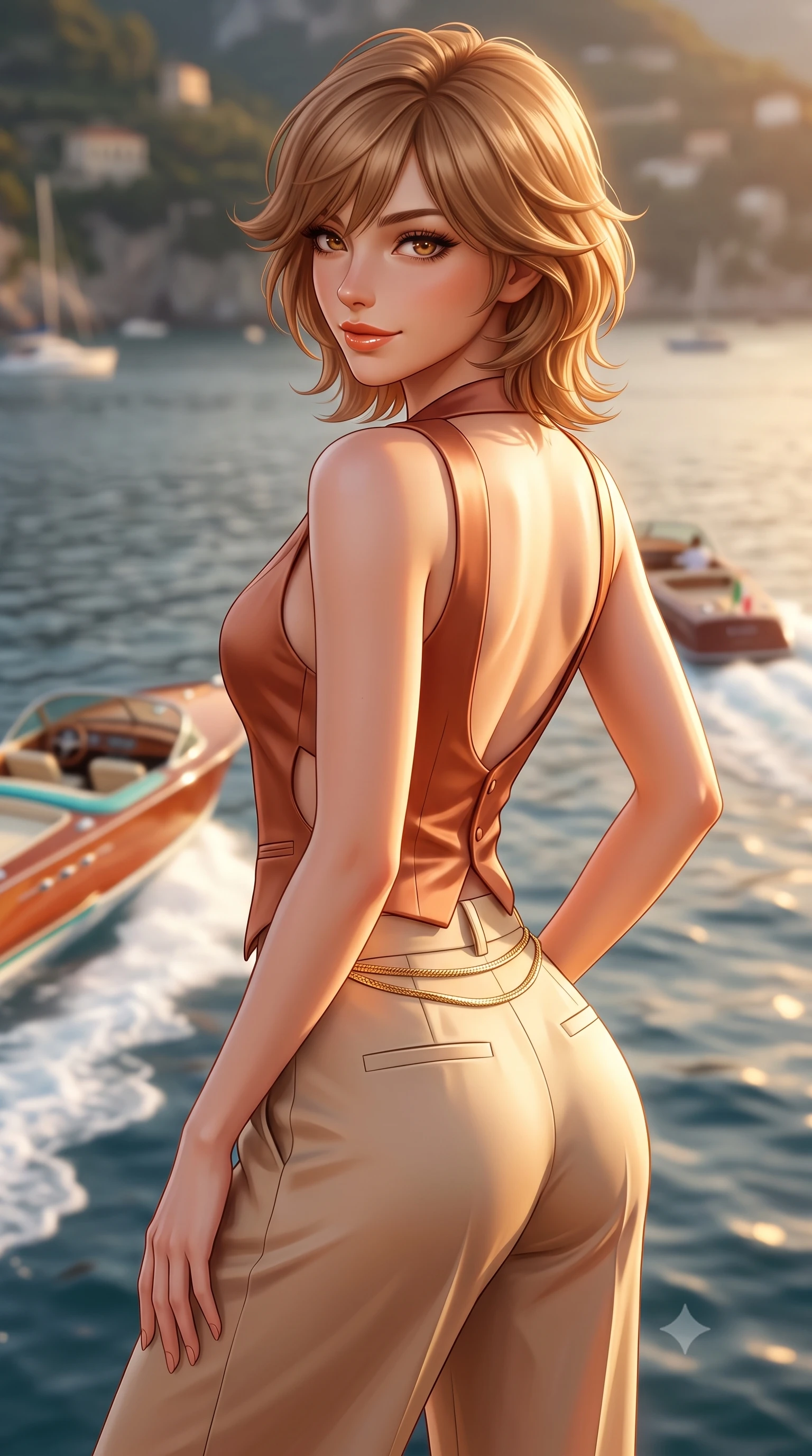 score_9, masterpiece, best quality, ultra-detailed, high-budget anime keyframe, semi-realistic 3D game render, editorial fashion photography, tasteful artistic composition, Korean woman. close-up cowboy shot from the waist and thighs up, the character dominates the composition, filling the frame with her large presence. posing in an alluring rear three-quarter angle, turning over a bare shoulder with an intoxicating sunlit gaze, her hips cocked back to highlight her slim hourglass curve while twisting her slender torso in an alluring contrapposto stance, her bodycon knit resort dress tracing her narrow waist and curvy hips. The composition keeps background elements in soft focus with dreamy creamy bokeh. luxury wooden speedboats leaving white wakes across the evening bay softened in iconic Amalfi shallow focus. She has an exceptionally elegant, slender, and willowy female figure with an ultra-slim waist, flat toned midriff, narrow ribcage, and sculpted feminine hips creating an alluring, slim hourglass silhouette without bulk. sharp v-shaped jawline, high-bridge nose, sparkling amber-hazel eyes with depth, long lush eyelashes, glossy sun-kissed lips with a warm coral glaze, radiant teasing smile with sensual sunlit bedroom-eyes, exuding effortless old-money elegance and intoxicating sun-drenched allure, flawlessly proportioned anatomical accuracy, strict slender model proportions, natural body alignment, perfectly sculpted long slender limbs, ultra-slim waistline, clean dynamic posture without body distortion. wearing a tailored satin resort vest worn closed against bare skin with high-waisted silk palazzo pants cinched at her narrow waist in Mediterranean terracotta and warm oatmeal beige, tailored from crisp cotton poplin with clean structural architectural lines, finished with a delicate gold snake chain belt resting loosely on her curvy hips, the precision-cut side openings and low-back scoop framing her graceful spine and the sensual sweep of her slim, sun-kissed hips. illuminated by sea-surface golden bounce and sharp amber rim lighting sculpting her sculpted collarbones, ultra-slim waist, and curvy hips. highly saturated vibrant anime colors, detailed shading with soft gradients, rich glossy textures, high-contrast stereoscopic depth, volumetric dynamic lighting, master piece, 9:16 ratio