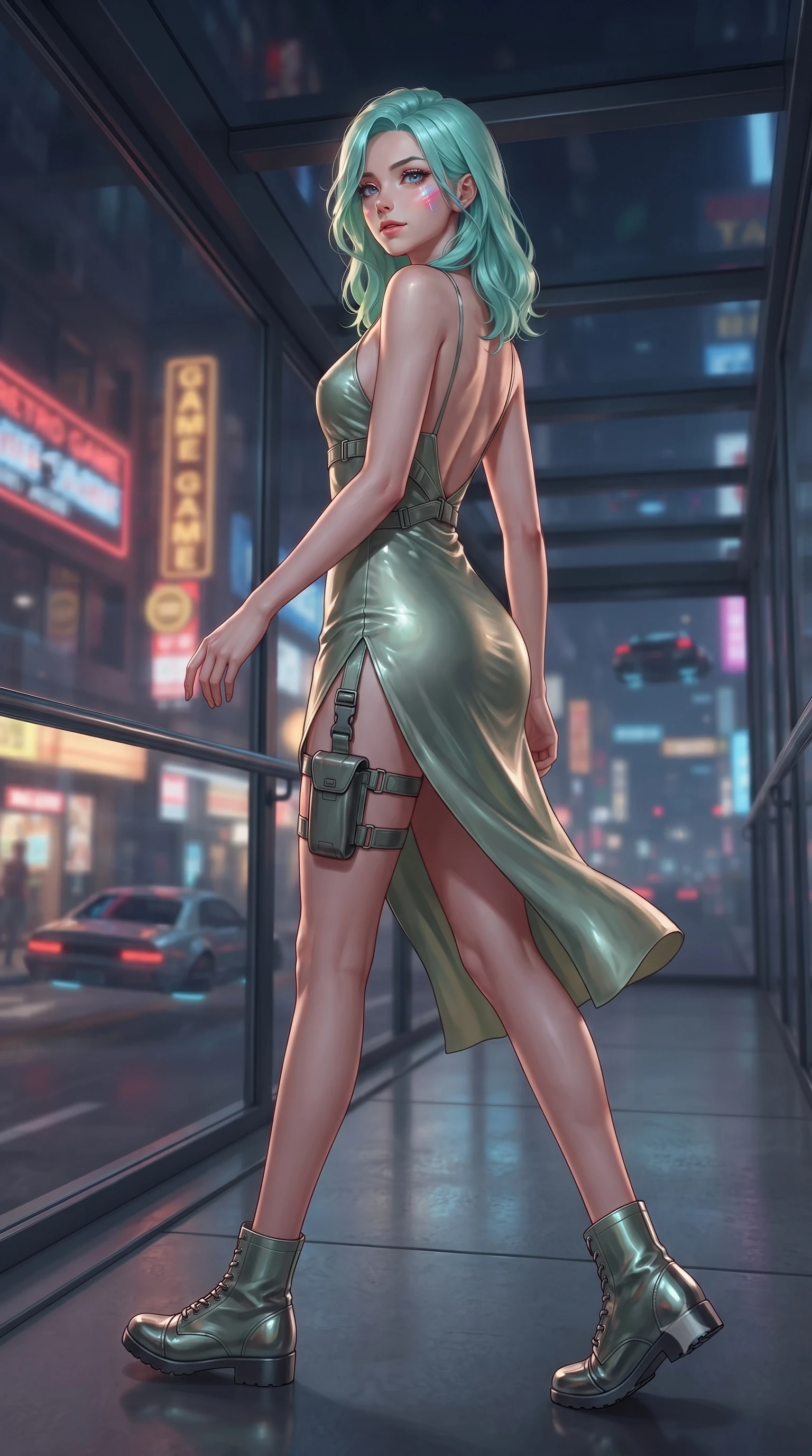 score_9, masterpiece, best quality, ultra-detailed, high-budget anime keyframe, editorial fashion photography, tasteful artistic composition, Japanese woman. low angle full-body shot from head to toe showing her feet, filling the entire 9:16 vertical frame with her statuesque presence, stretching her vertical silhouette. walking slowly along a glass skybridge, looking back over her shoulder with an air of effortless grace, the background shows a soft-focus a metropolitan street outside a retro game arcade with hover-cars passing. She has an absolutely perfect, statuesque 8.5-heads proportion, an exceptionally tall and slender model-like female figure with impossibly long slender legs and an ultra-slim waist. sharp v-shaped jawline, high-bridge nose, intricate jewel-like eyes with depth, thick eyelashes, glossy lips with a natural sheen. wearing a body-hugging lightweight silk combat slip dress in sage green, featuring a high side slit and a low-cut back. dynamic flashing lights from hover-cars casting moving shadows on her face. ultra-reflective glossy finish, specular highlights, metallic sheen, high-contrast stereoscopic depth, volumetric dynamic lighting, 2k, ultra detail, master piece, 9:16 ratio