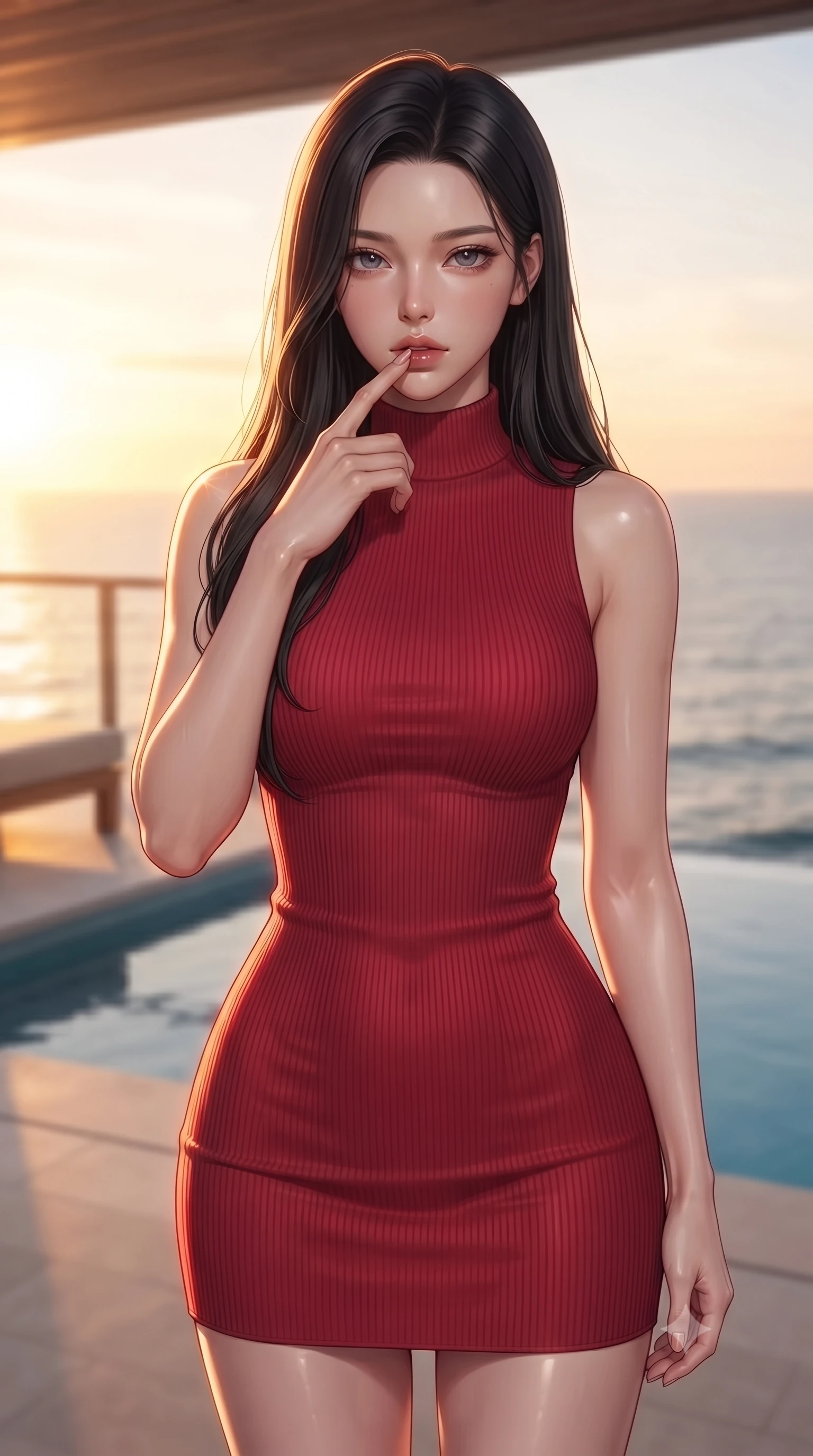score_9, masterpiece, best quality, ultra-detailed, high-budget anime keyframe, editorial fashion photography, tasteful artistic composition, Korean woman woman. close-up cowboy shot from the waist and thighs up, the character dominates the composition, filling the frame with her large presence, background elements kept in soft focus. pressing one finger to her bottom lip in a thoughtful, seductive gesture under the warm sun the background shows a soft-focus a private splash pool on the balcony of a beach villa, looking at ocean horizon. She has an exceptionally elegant, slender, and willowy female figure with an ultra-slim waist, a gracefully sculpted slender torso, and a refined silhouette. sharp v-shaped jawline, high-bridge nose, intricate jewel-like eyes with depth, thick eyelashes, glossy lips with a natural sheen. wearing a tailored body-hugging ribbed bodycon dress in crimson red, detailed with a tight mock-neck. brilliant golden hour sunset tracing her silhouette with a soft glowing rim light. ultra-reflective glossy finish, specular highlights, metallic sheen, high-contrast stereoscopic depth, volumetric dynamic lighting, 2k, ultra detail, master piece, 9:16 ratio