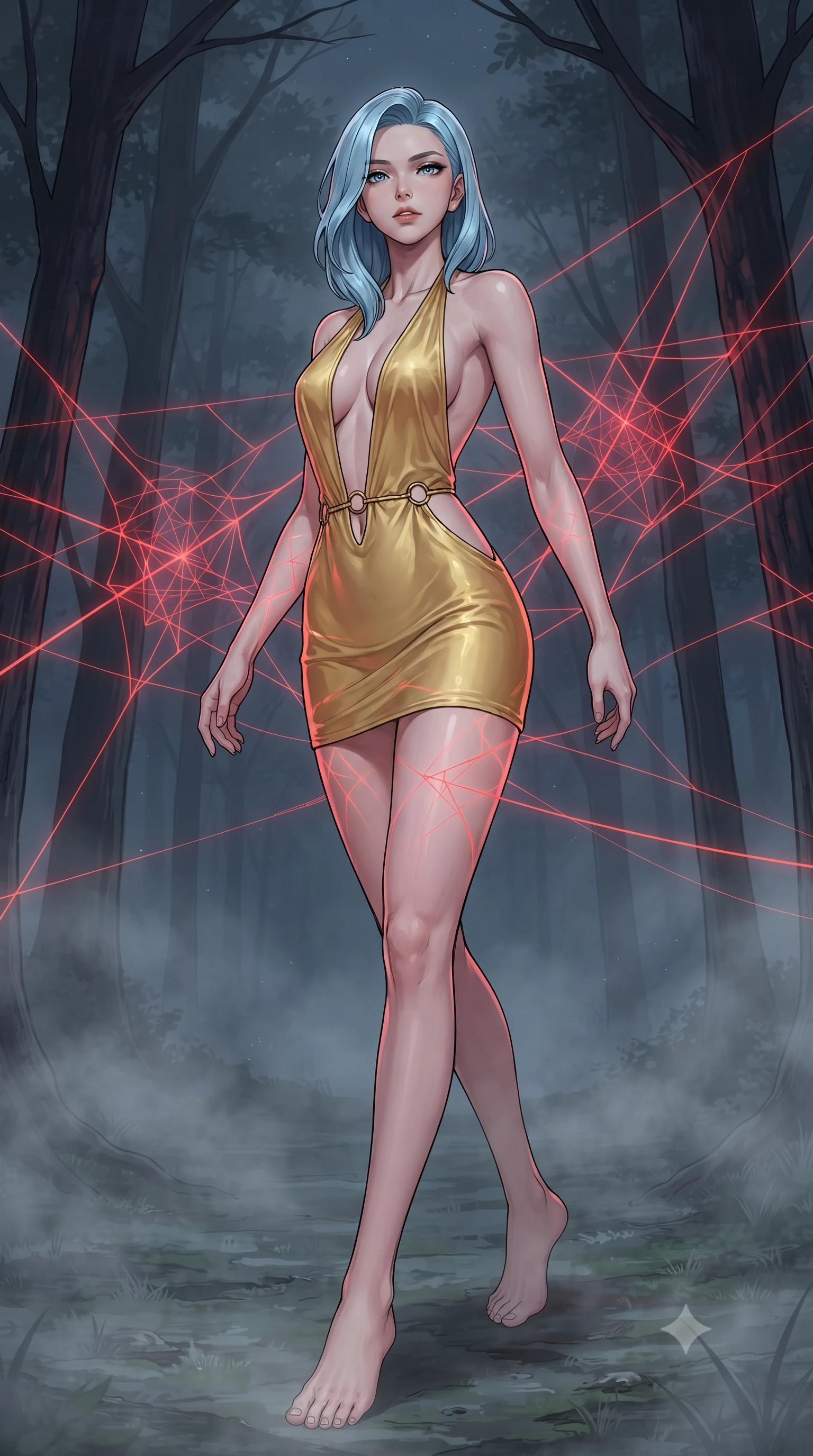score_9, masterpiece, best quality, ultra-detailed, high-budget anime keyframe, gorgeous anime illustration, with clean line-art and distinct ink outlines, Korean woman. low angle full-body shot from head to toe showing her feet, filling the entire 9:16 vertical frame with her statuesque presence, stretching her vertical silhouette. navigating with fluid motion through in a misty forest at night where glowing red threads are tied between the trees, weaving a complex geometric web that floats above the damp ground. She has a statuesque 8.5-heads proportion, an exceptionally tall, slender and willowy model-like build with impossibly long legs and a highly sculpted ultra-slim waist. sharp v-shaped jawline, high-bridge nose, intricate jewel-like eyes with depth, thick eyelashes, glossy lips with a natural sheen. wearing a backless halter mini dress in liquid yellow gold, featuring a plunging front cutout and gold waist rings. soft, eerie red glow from the floating threads casting red accents on the character, contrasted with cool grey forest mist. 2k, ultra detail, master piece, 9:16 ratio, vibrant anime color palette, detailed cel-shading with soft gradients, rich contrast, dynamic lighting, 2d animation style