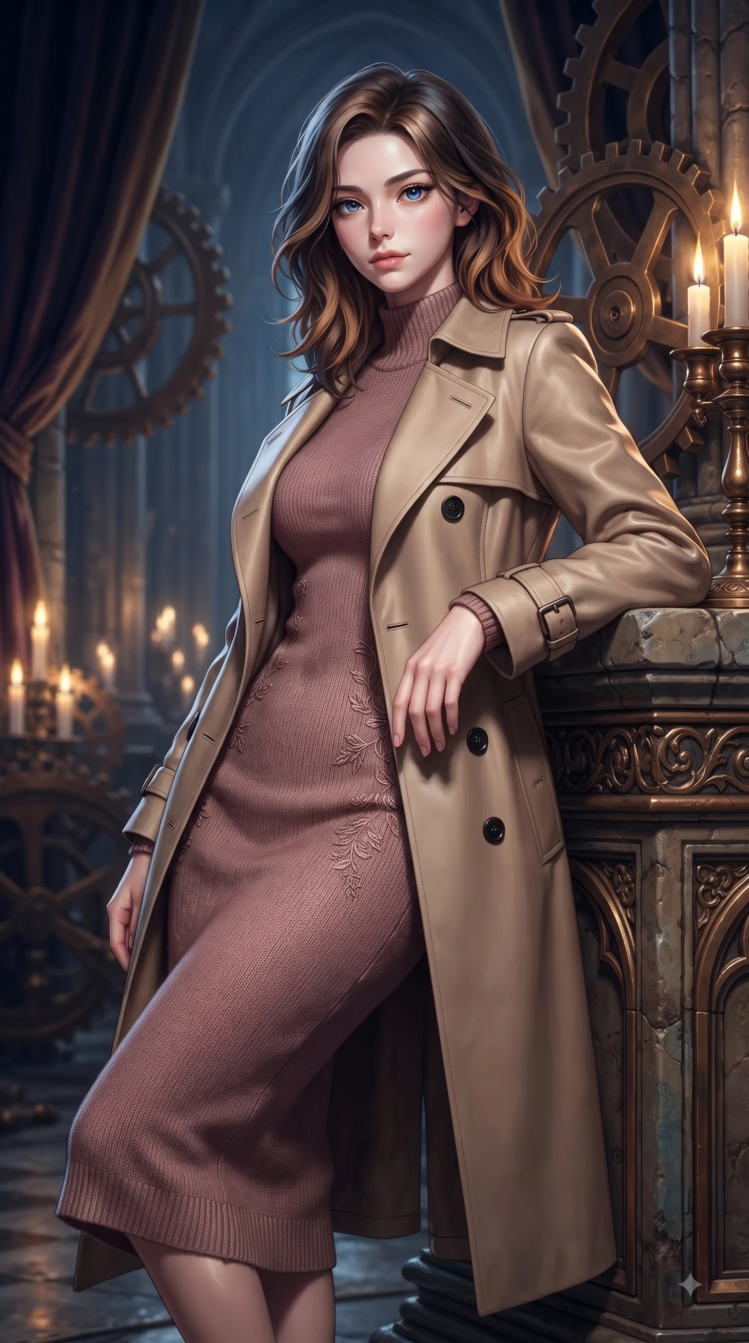 score_9, masterpiece, best quality, ultra-detailed, high-budget anime keyframe, editorial fashion photography, tasteful artistic composition, Korean woman woman. close-up cowboy shot from the waist and thighs up, the character dominates the composition, filling the frame with her large presence, background elements kept in soft focus. She has an exceptionally elegant, slender, and willowy female figure with an ultra-slim waist, a gracefully sculpted slender torso, and a refined silhouette. leaning back effortlessly against the surrounding architecture with an air of magnetic superiority, flawlessly proportioned anatomical accuracy, natural body alignment, perfectly sculpted elegant limbs, clean dynamic posture without body distortion. set against a soft-focus background of a high space cathedral nave with rotating bronze gears and velvet drapes. wearing a classic tailored trench coat over a high-neck dusty rose knit midi dress. bathed in dramatic chiaroscuro key light with flickering golden candlelight. ultra-reflective glossy finish, specular highlights, metallic sheen, high-contrast stereoscopic depth, volumetric dynamic lighting, 2k, ultra detail, master piece, 9:16 ratio