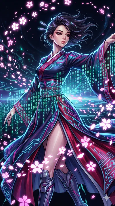 score_9, masterpiece, best quality, ultra-detailed, Set A: High-budget Anime Keyframe, Korean woman. Upper body close-up from the thighs up, character filling the screen for maximum presence. Dancing through a virtual reality void, while a digital bl