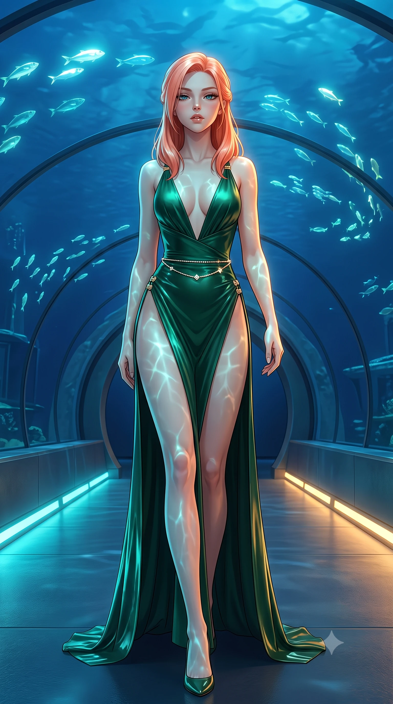 score_9, masterpiece, best quality, ultra-detailed, high-budget anime keyframe, semi-realistic 3D game render, editorial fashion photography, tasteful artistic composition, Japanese woman. low angle full-body shot from head to toe showing her feet, filling the entire 9:16 vertical frame with her statuesque presence, stretching her vertical silhouette. striding forward in a proud supermodel runway stride, hips swaying in an alluring kinetic rhythm that accentuates her curvy hourglass silhouette while standing on the sleek composite platform beneath a curved transparent acrylic ceiling looking into the deep blue ocean, arching her back as schools of glowing fish glide above. The surrounding environment is rendered in vivid detail and crisp panoramic clarity. detailed wet-look vinyl texture, aquatic light caustics on skin, and submerged underwater structural clarity in high resolution. She has an exceptionally tall and slender model-like 8.5-heads proportion, an ultra-slim waist, a flat toned midriff, narrow delicate ribcage, and beautifully sculpted feminine hips creating a graceful, slim hourglass silhouette without any bulky heaviness, with impossibly long slender legs. sharp v-shaped jawline, high-bridge nose, intricate jewel-like eyes with depth, thick eyelashes, glossy parted lips with a natural sheen, intensely captivating and seductive bedroom-eyes expression, flawlessly proportioned anatomical accuracy, strict slender model proportions, natural body alignment, perfectly sculpted long slender limbs, ultra-slim waistline, clean dynamic posture without body distortion. wearing a plunging-V neckline duchess satin gown with high side slits ascending to the high hip in deep emerald green satin and gold hardware, tailored from second-skin aerodynamic stretch vinyl with specular wet sheen, accented with a dainty diamond waist chain catching the ambient light reflections, the precision-cut side openings and low-back scoop framing her graceful spine and the sensual sweep of her slim, toned hips. bathed in high-contrast cyan and amber track edge lights contrasting with deep ocean blue overhead ambient glow. highly saturated vibrant anime colors, detailed shading with soft gradients, rich glossy textures, high-contrast stereoscopic depth, volumetric dynamic lighting, master piece, 9:16 ratio
