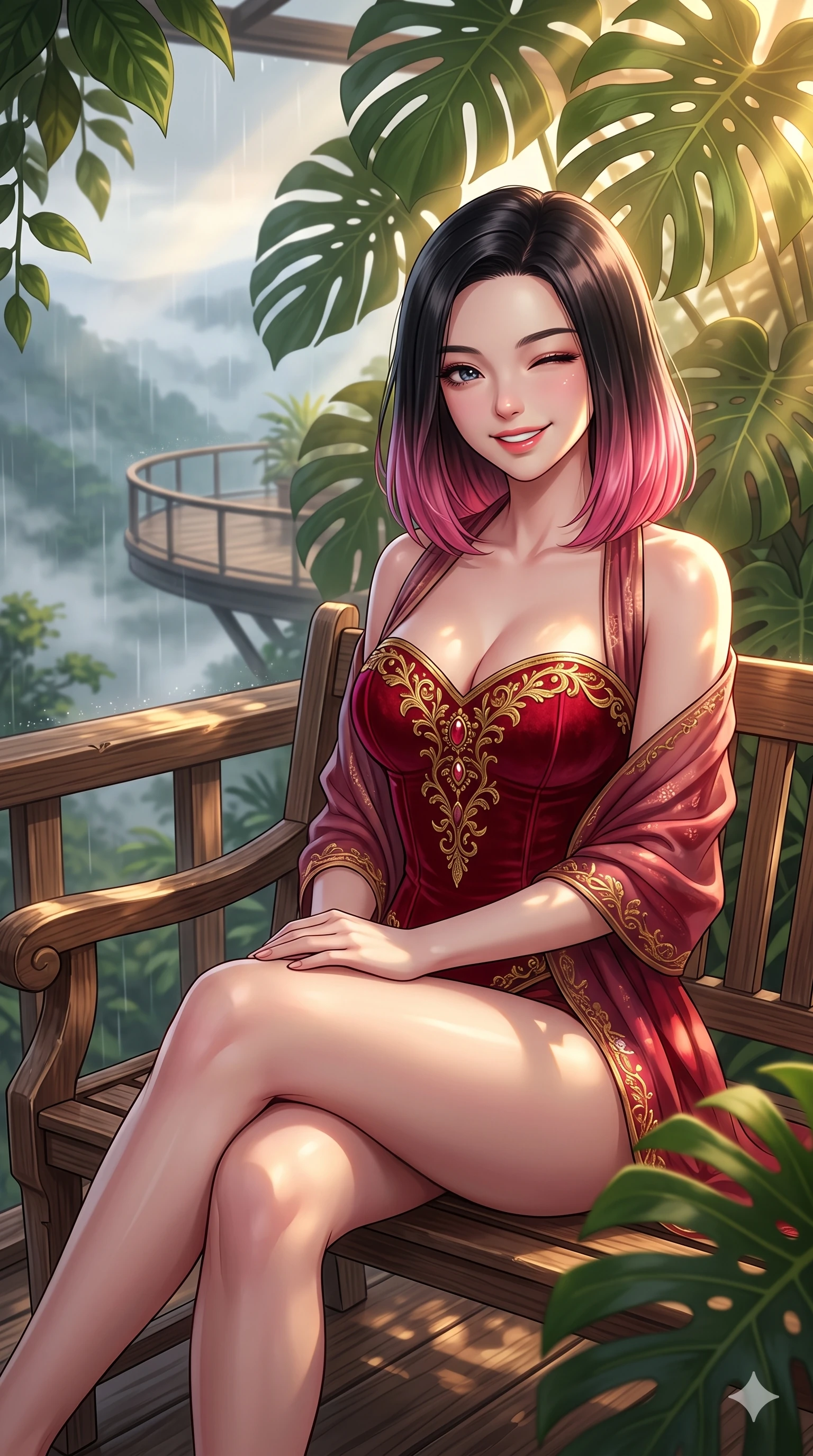score_9, masterpiece, best quality, ultra-detailed, high-budget anime keyframe, vibrant anime aesthetic, Korean woman. close-up cowboy shot from the waist and thighs up, the character dominates the composition, filling the frame with her large presence, background elements kept in soft focus. She is sitting on a vintage bench, winking with a playful and bright expression, her eyes shining with genuine joy with a relaxed and elegant posture. the background shows a soft-focus floating observation deck of a nature center conservatory, overlooking a misty rainy valley (Code-P22-140). She has an absolutely perfect proportion, an exceptionally elegant and slender female figure with an ultra-slim waist. V-shaped jawline, high-bridge nose, intricate jewel-like eyes with depth, thick eyelashes, glossy lips with a natural sheen. wearing a structured velvet bodice with a sweetheart neckline combined with a delicate wrap in ruby red and gold accents. She is drenched in warm, golden afternoon sunbeams filtering through dense green monstera leaves, creating a cinematic, high-budget anime lighting effect on the outdoor wooden terrace. 2k, ultra detail, master piece, 9:16 ratio