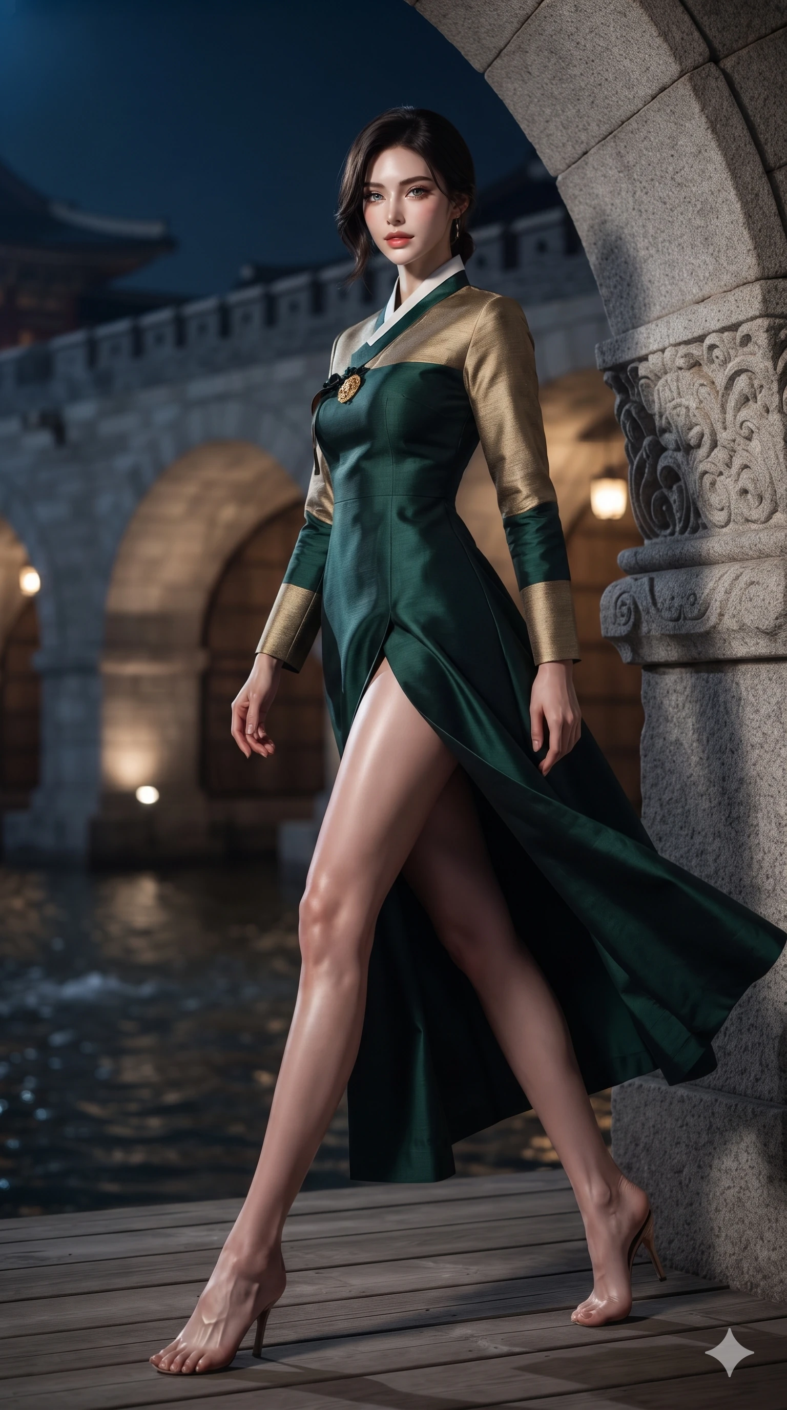 score_9, masterpiece, best quality, ultra-detailed, high-budget anime keyframe, editorial fashion photography, tasteful artistic composition, Caucasian woman. low angle full-body shot from head to toe showing her feet, filling the entire 9:16 vertical frame with her statuesque presence, stretching her vertical silhouette. striding across the moonlit timber deck as nocturnal breezes whip her garments open, accentuating her long slender legs and curvy hips while leaning against the carved stone water arch with hips cocked back, looking through thick curled eyelashes with an enchanting, dangerous smile. The background shows a soft-focus massive arched stone water gates, palace fortress walls, and rippling moat waters blurred into granite gray, cobalt, and gold bokeh. She has an absolutely perfect, statuesque 8.5-heads proportion, an exceptionally tall and slender model-like female figure with impossibly long slender legs, an ultra-slim waist, a flat toned midriff, narrow delicate ribcage, and beautifully sculpted feminine hips creating a graceful, slim hourglass silhouette without any bulky heaviness. sharp v-shaped jawline, high-bridge nose, sparkling eyes with hypnotic seductive depth, thick curled eyelashes, glossy parted lips with a natural dewy peach sheen, alluring bedroom-eyes with an enchanting coquettish smile, exuding magnetic siren charisma and sophisticated glamour, flawlessly proportioned anatomical accuracy, strict slender model proportions, natural body alignment, perfectly sculpted long slender limbs, ultra-slim waistline, clean dynamic posture without body distortion. wearing a tailored silk faille evening gown with traditional curved dongjeong collar and tailored sleeves in dark emerald forest and brushed antique gold, woven from bespoke Korean ramie fabric with crisp tactile slub texture, accented with an authentic engraved gold medallion and obsidian cabochons, the impeccably tailored cut draping gracefully along her slender figure with aristocratic eastern poise. bathed in celestial full-moon light contrasting with warm architectural gate lanterns. ultra-reflective glossy finish, specular highlights, rich textural contrasts, high-contrast stereoscopic depth, volumetric dynamic lighting, 2k, ultra detail, master piece, 9:16 ratio