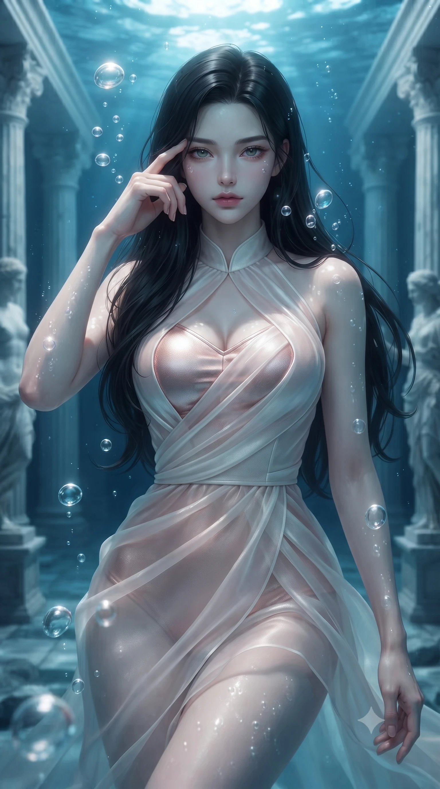 score_9, masterpiece, best quality, ultra-detailed, high-budget anime keyframe, editorial fashion photography, tasteful artistic composition, Korean woman. close-up cowboy shot from the waist and thighs up, the character dominates the composition, filling the frame with her large presence, background elements kept in soft focus. Pressing two fingers to her temple in a composed thoughtful gesture with an air of magnetic charisma floating gracefully through a sunken white marble colonnade underwater, rising bioluminescent bubbles casting soft pearl-like highlights. She has an exceptionally elegant, slender, and willowy female figure with an ultra-slim waist, a gracefully sculpted slender torso, and a refined silhouette. sharp v-shaped jawline, high-bridge nose, intricate jewel-like eyes with depth, thick eyelashes, glossy lips with a natural sheen. wearing a modern fusion silk hanbok dress with a structured bodice in pearl white and rose gold, woven from fine semi-opaque sheer organza, accented with a Tasteful chest slit framing her clavicle gracefully, the elegant draped fit framing her graceful clavicle and slender torso. lit by clear sun-drenched sea light with soft ethereal shadows. ultra-reflective glossy finish, specular highlights, metallic sheen, high-contrast stereoscopic depth, volumetric dynamic lighting, 2k, ultra detail, master piece, 9:16 ratio