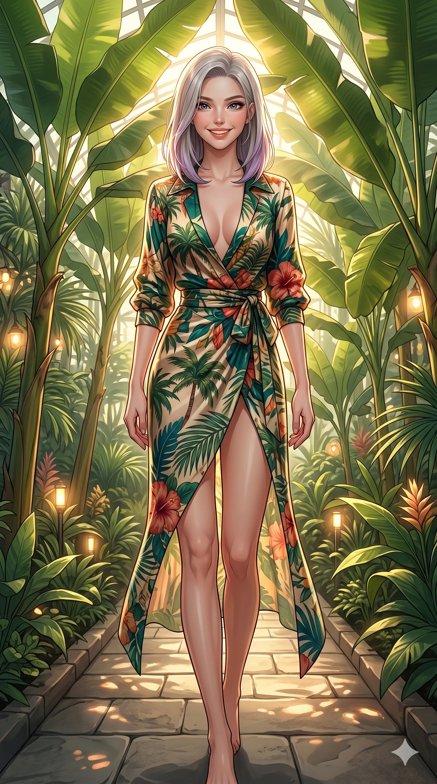 score_9, masterpiece, best quality, ultra-detailed, high-budget anime keyframe, editorial fashion photography, tasteful artistic composition, Caucasian woman, strictly human ears. cowboy shot from the thighs up, character and outfit filling the frame for maximum editorial presence. walking forward with a confident, joyful smile, her eyes locked on the camera inside a conservatory pathway lined with towering banana trees and warm lights. She has an absolutely perfect 8-heads proportion, an exceptionally tall and slender female figure with impossibly long slender legs and an ultra-slim waist. V-shaped jawline, high-bridge nose, intricate jewel-like eyes with depth, thick eyelashes, glossy lips with a natural sheen. wearing a tropical print wrap top with a deep plunging collar and a matching high-slit skirt. drenched in warm sunbeams filtering through the massive leaves, creating a dynamic light play. 2k, ultra detail, master piece, 9:16 ratio