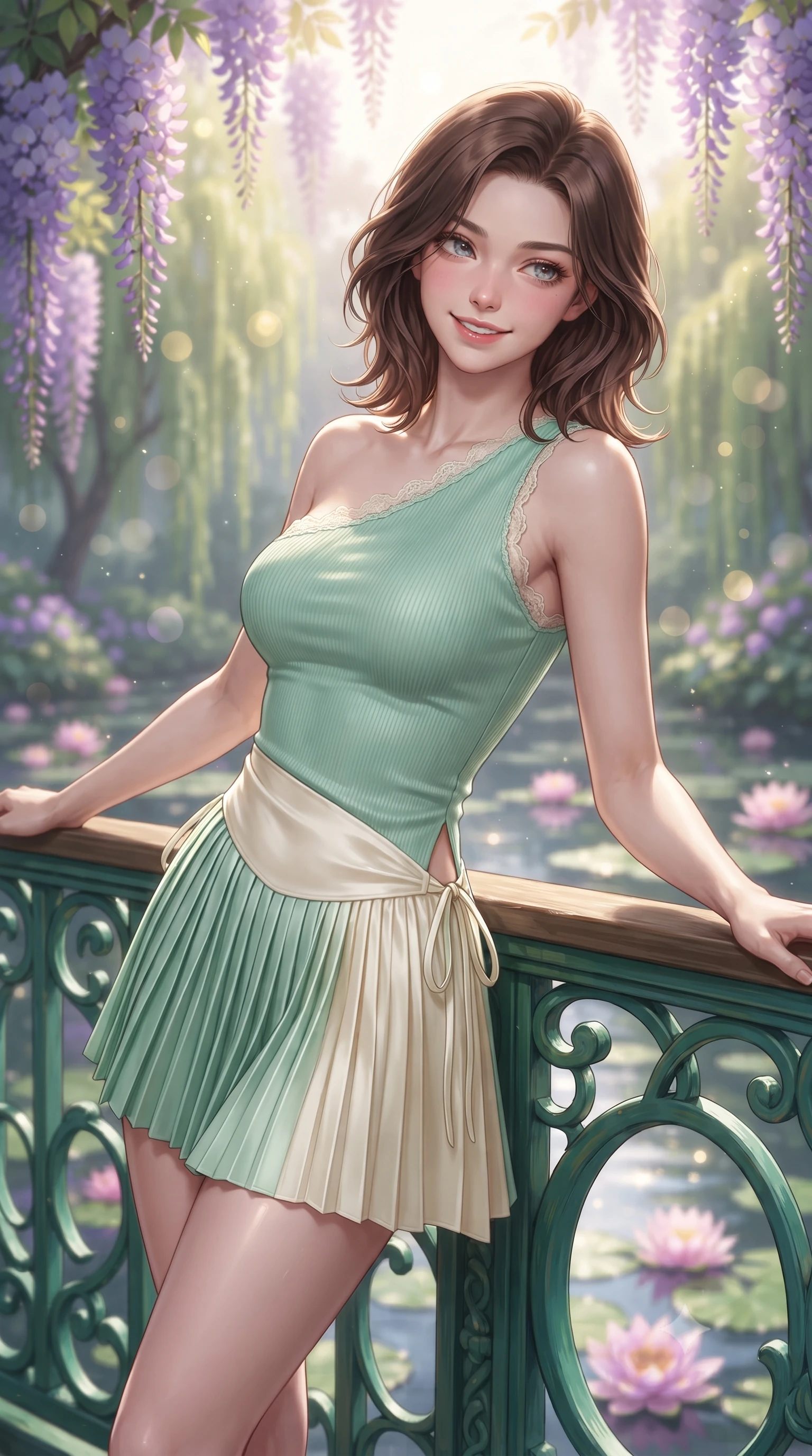 score_9, masterpiece, best quality, ultra-detailed, high-budget anime keyframe, editorial fashion photography, tasteful artistic composition, Korean woman. close-up cowboy shot from the waist and thighs up, the character dominates the composition, filling the frame with her large presence. tilting her head with a cute beaming smile while arching her spine with effortless dancer poise, one hand sliding along her hip line in a flirtatious S-curve while leaning against the emerald bridge railing with hips cocked back, looking over her shoulder with charming, seductive bedroom-eyes at the water lilies. The composition keeps background elements in soft focus with dreamy creamy bokeh. blooming purple wisteria clusters, weeping willows, and floating pink water lilies blurred into emerald, violet, and shimmering gold bokeh. She has an exceptionally elegant, slender, and willowy female figure with an ultra-slim waist, flat toned midriff, narrow ribcage, and sculpted feminine hips creating an alluring, slim hourglass silhouette without bulk. sharp v-shaped jawline, high-bridge nose, intricate jewel-like sparkling eyes with depth, thick eyelashes, glossy parted lips with a natural peach sheen, bright cheerful beaming smile with an enchanting and coquettish sensual glint, exuding both youthful cute charm and seductive allure, flawlessly proportioned anatomical accuracy, strict slender model proportions, natural body alignment, perfectly sculpted long slender limbs, ultra-slim waistline, clean dynamic posture without body distortion. wearing an asymmetrical one-shoulder ribbed top paired with a micro-pleated skirt with side hip ties in refreshing mint green and soft vanilla cream, made of smooth fluid silk satin with a delicate pearlescent sheen, finished with delicate lace scallop edging along the neckline, the high-waisted tailoring accentuating her ultra-slim waistline and the enchanting curve of her feminine hips with alluring charm. bathed in soft, radiant morning French sunshine filtering through wisteria blossoms. ultra-reflective glossy finish, specular highlights, rich textural contrasts, high-contrast stereoscopic depth, volumetric dynamic lighting, 2k, ultra detail, master piece, 9:16 ratio