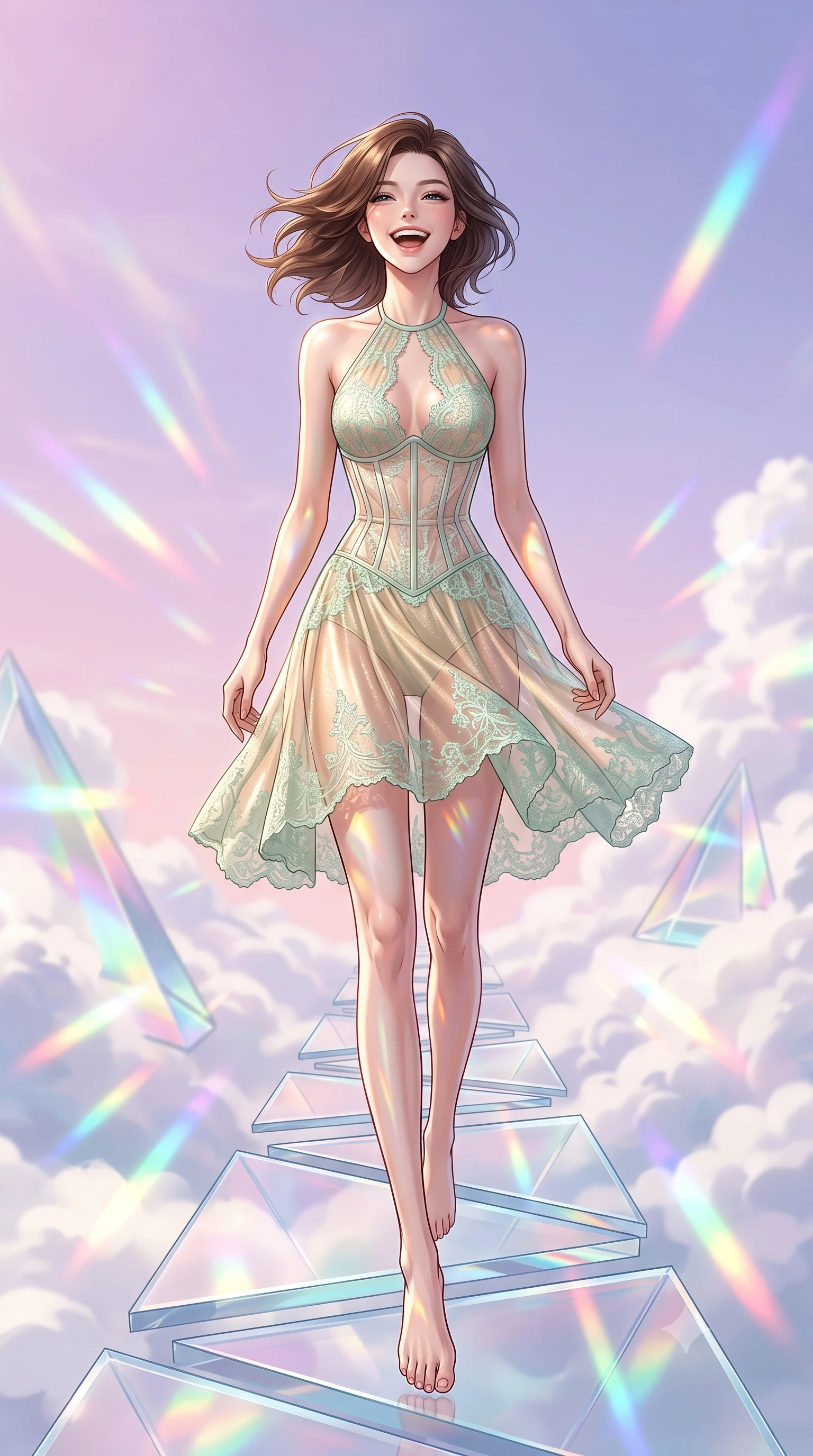 score_9, masterpiece, best quality, ultra-detailed, high-budget anime keyframe, editorial fashion photography, tasteful artistic composition, Korean woman. low angle full-body shot from head to toe showing her feet, filling the entire 9:16 vertical frame with her statuesque presence, stretching her vertical silhouette. leaping gracefully with a bright, joyful laugh through on a pathway made of solid triangular glass prisms floating in a pastel sky, bending all light that passes through it. She has a statuesque 8.5-heads proportion, an exceptionally tall, slender and willowy model-like build with impossibly long legs and a highly sculpted ultra-slim waist. sharp v-shaped jawline, high-bridge nose, intricate jewel-like eyes with depth, thick eyelashes, glossy lips with a natural sheen. wearing a semi-transparent halter dress in champagne gold, featuring a mint green lace overlay and a visible structured corset. bright midday sun refracting through the glass prism path, casting vivid rainbow streaks across the surrounding white clouds. 2k, ultra detail, master piece, 9:16 ratio