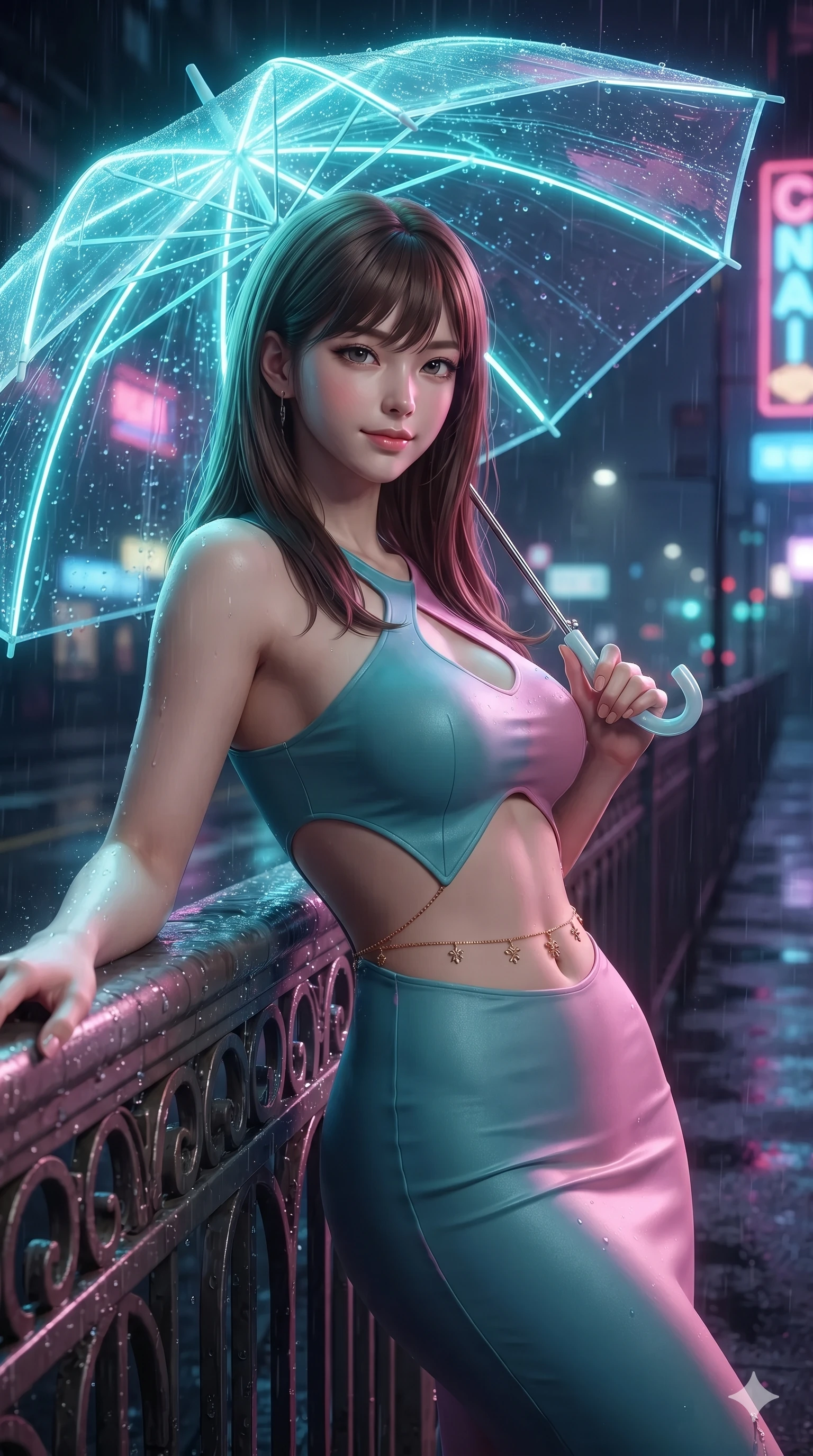 score_9, masterpiece, best quality, ultra-detailed, high-budget anime keyframe, editorial fashion photography, tasteful artistic composition, Korean woman. close-up cowboy shot from the waist and thighs up, the character dominates the composition, filling the frame with her large presence. leaning back against the balustrade with relaxed seductive grace, head tilted back slightly while casting a hypnotic, heavy-lidded gaze while standing poised on the wet asphalt boulevard beneath a glowing translucent umbrella with laser ribs, arching her lower back with sovereign supermodel allure as rain droplets scatter neon light. The surrounding environment is rendered in vivid detail and crisp panoramic clarity: sharp wet asphalt paver reflections, luminous umbrella fiber-optic ribs, and razor-sharp holographic typography in deep focus. She has an exceptionally elegant, slender, and willowy female figure with an ultra-slim waist, flat toned midriff, narrow ribcage, and sculpted feminine hips creating an alluring, slim hourglass silhouette without bulk. sharp v-shaped jawline, high-bridge nose, intricate jewel-like sparkling eyes with depth, thick eyelashes, glossy parted lips with a natural peach sheen, bright cheerful beaming smile with an enchanting and coquettish sensual glint, exuding both youthful cute charm and seductive allure, flawlessly proportioned anatomical accuracy, strict slender model proportions, natural body alignment, perfectly sculpted long slender limbs, ultra-slim waistline, clean dynamic posture without body distortion. wearing a form-fitting liquid mercury jersey evening dress clinging smoothly to her narrow waist and rounded hips in subterranean lagoon turquoise and lotus blossom pink, woven from buttery-soft stretch lambskin leather adhering to her body like a second skin, accented with a dainty gold belly chain resting across her flat midriff and curving hips, the liquid-tight tailored fabric clinging flawlessly to her narrow waist and rounded feminine hips, emphasizing every millimeter of her sculpted slim hourglass curves without any bulky heaviness. illuminated by wet asphalt reflection bounce and sharp laser-cyan rim lights sculpting her razor-sharp jawline, narrow waist, and curvy hips. ultra-reflective glossy finish, specular highlights, rich textural contrasts, high-contrast stereoscopic depth, volumetric dynamic lighting, 2k, ultra detail, master piece, 9:16 ratio
