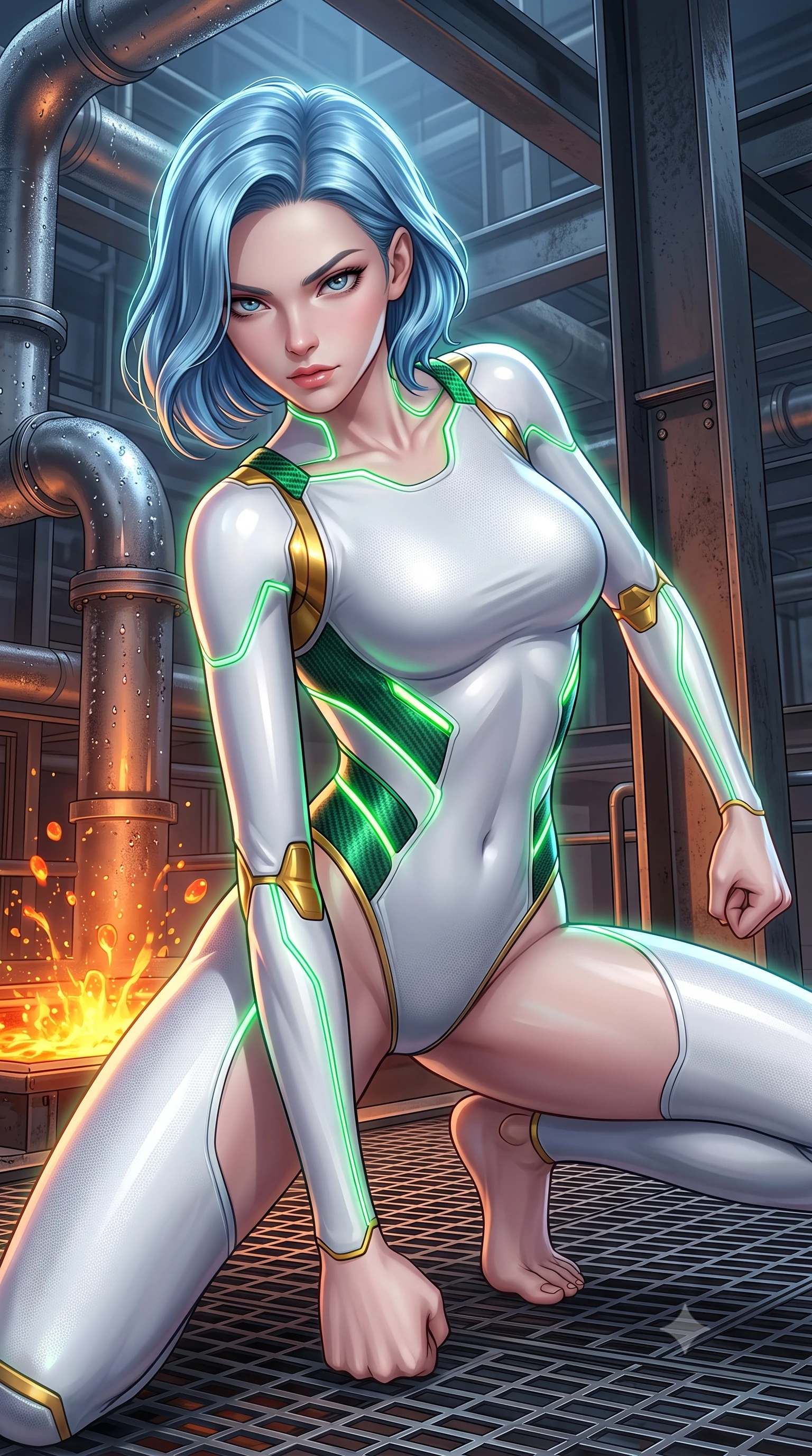 score_9, masterpiece, best quality, ultra-detailed, high-budget anime keyframe, semi-realistic 3D game render, editorial fashion photography, tasteful artistic composition, Korean woman. close-up cowboy shot from the waist and thighs up, the character dominates the composition, filling the frame with her large presence. shifting into a low cat-stance with arms crossed defensively, glowing energy conduits tracing her ultra-slim waist and sculpted clavicle while landing in a low crouched stance with one fist planted on the metal grating, looking up with a dangerous, alluring smolder. The surrounding environment is rendered in vivid detail and crisp panoramic clarity. detailed steam pipe condensation beads, magma bubble bursts, and steel support beams in high resolution. She has an exceptionally elegant, slender, and willowy female figure with an ultra-slim waist, a gracefully sculpted slender torso, toned flat midriff, and a refined slim silhouette. sharp v-shaped jawline, high-bridge nose, intricate jewel-like eyes with depth, thick eyelashes, glossy lips with a natural sheen, flawlessly proportioned anatomical accuracy, strict slender model proportions, natural body alignment, perfectly sculpted long slender limbs, ultra-slim waistline, clean dynamic posture without body distortion. wearing a form-contouring arctic white carbon-composite martial arts leotard with solar gold articulation joints and diagonal midriff vents in emerald green carbon composite with glowing lime laser channels, tailored from flexible second-skin carbon-mesh that clings flawlessly to her athletic curves, complemented by criss-cross back harness straps highlighting her completely bare spine, the liquid-tight tailored fabric emphasizing every curve of her tall, slender model proportions and sculptured silhouette during dynamic movement. illuminated by crisp specular highlights tracing her ultra-slim waist, long legs, and flat midriff. rich saturated anime colors with glowing neon highlights, detailed shading with soft gradients, rich glossy textures, high-contrast stereoscopic depth, volumetric dynamic lighting, master piece, 9:16 ratio