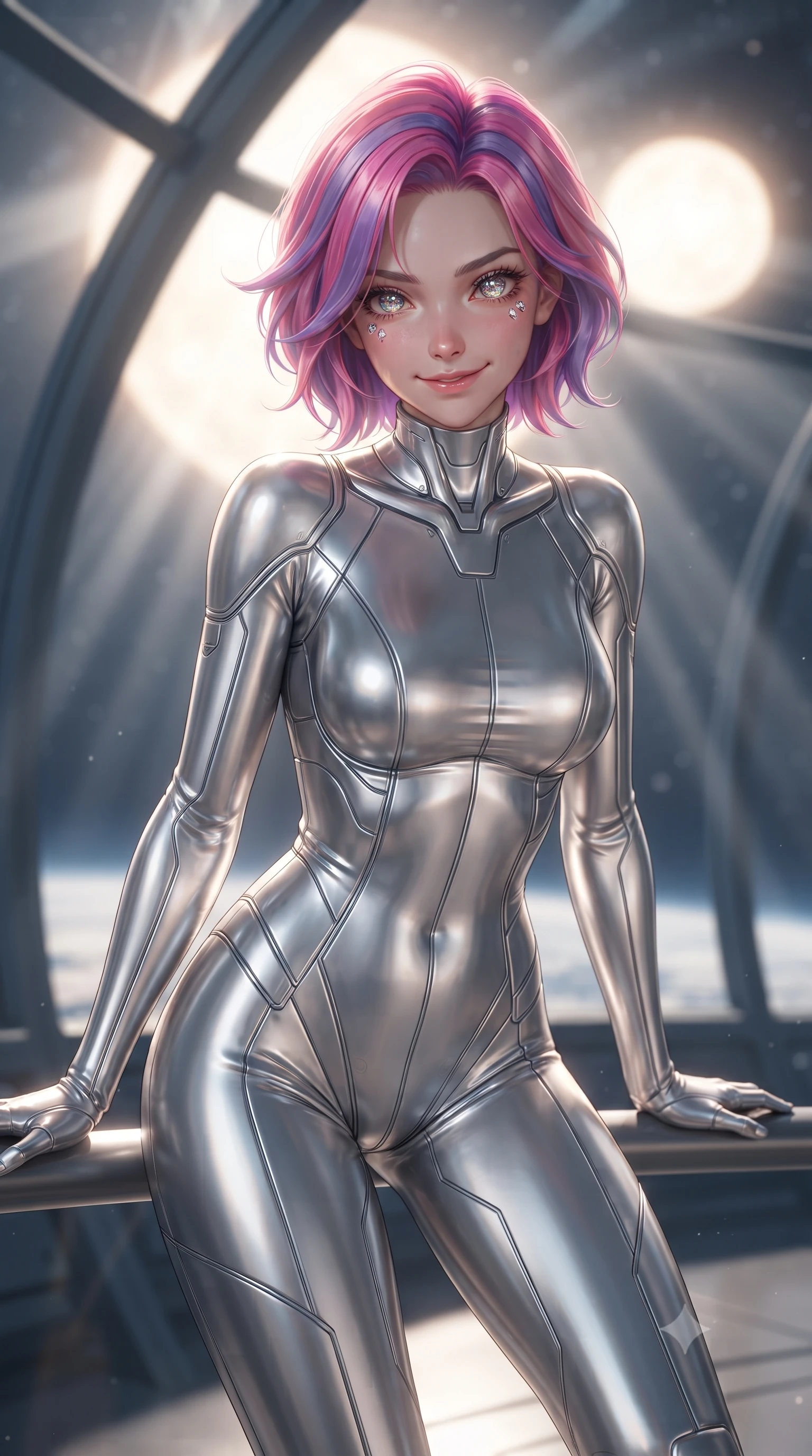 score_9, masterpiece, best quality, ultra-detailed, high-budget anime keyframe, editorial fashion photography, tasteful artistic composition, Caucasian woman. close-up cowboy shot from the waist and thighs up, the character dominates the composition, filling the frame with her large presence, background elements kept in soft focus. leaning slightly forward with a playful, teasing smile, her gaze locked onto the viewer with lips parted in a composed pose, the background shows a soft-focus an observation deck with glass panels showing a binary sun system. She has an exceptionally elegant, slender, and willowy female figure with an ultra-slim waist, a gracefully sculpted slender torso, and a refined silhouette. sharp v-shaped jawline, high-bridge nose, intricate jewel-like eyes with depth, thick eyelashes, glossy lips with a natural sheen. wearing a slim-fit form-contouring liquid silver space flight under-suit, contouring her athletic, slender build. volumetric sunbeams slicing through glass panels, creating dramatic light rays. ultra-reflective glossy finish, specular highlights, metallic sheen, high-contrast stereoscopic depth, volumetric dynamic lighting, 2k, ultra detail, master piece, 9:16 ratio