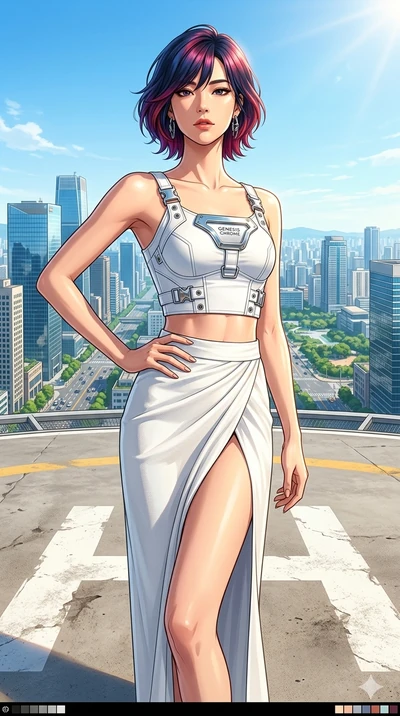 score_9, masterpiece, best quality, ultra-detailed, high-budget anime keyframe, editorial fashion photography, tasteful artistic composition, Korean woman. cowboy shot from the thighs up, character and outfit filling the frame for maximum editorial p