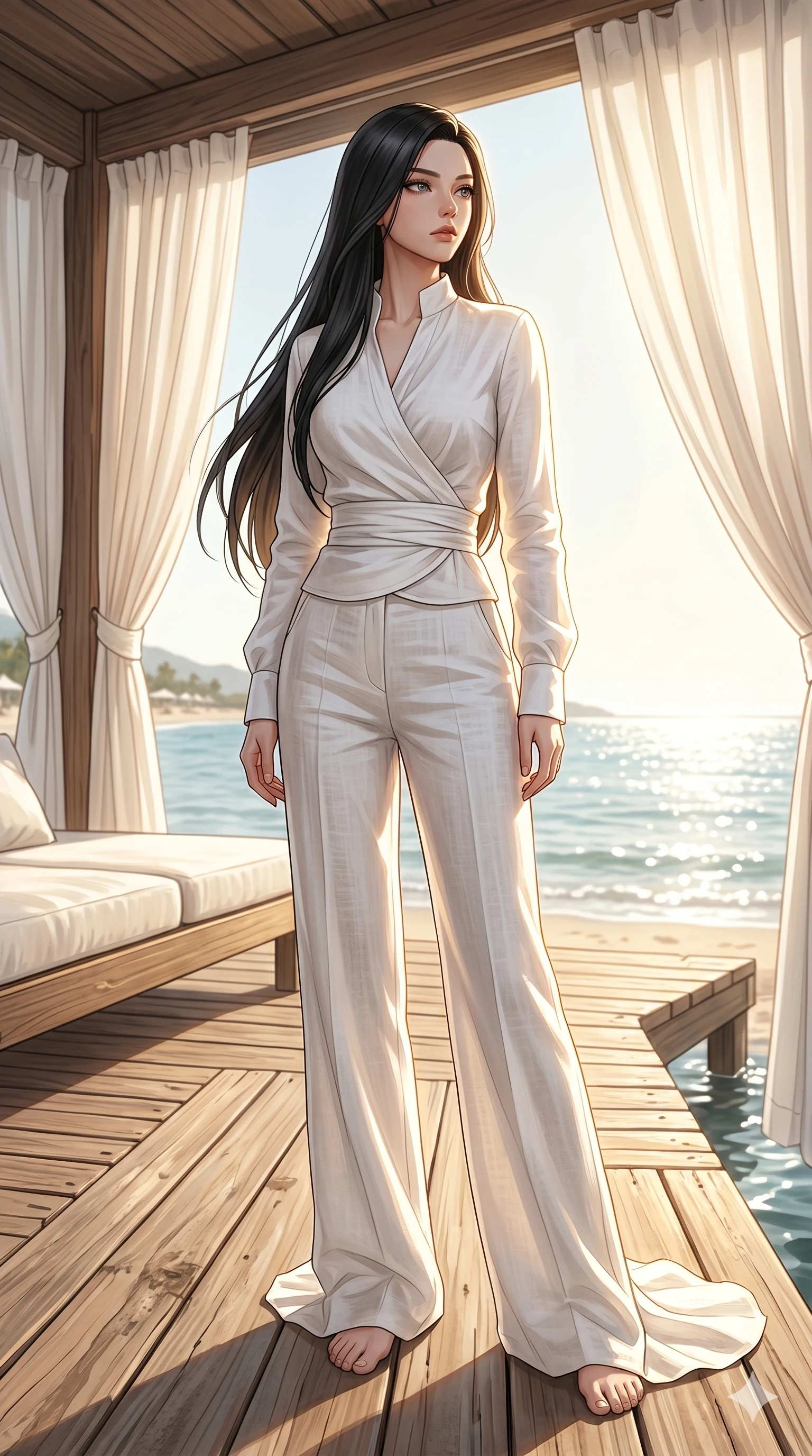 score_9, masterpiece, best quality, ultra-detailed, high-budget anime keyframe, editorial fashion photography, tasteful artistic composition, Korean woman. low angle full-body shot from head to toe showing her feet, filling the entire 9:16 vertical frame with her statuesque presence, stretching her vertical silhouette. standing on a wooden dock, looking past the camera with a thoughtful, focused expression in the sunlight inside a luxury beach club lounge with white curtains and views of the sea (Code-P19-021). She has an absolutely perfect 8-heads proportion, an exceptionally tall and slender female figure with impossibly long slender legs and an ultra-slim waist. V-shaped jawline, high-bridge nose, intricate jewel-like eyes with depth, thick eyelashes, glossy lips with a natural sheen. wearing a high-collar linen wrap shirt with long sleeves and matching wide-leg linen trousers. illuminated by a brilliant midday sun, casting crisp and clear highlights that trace her athletic figure. 2k, ultra detail, master piece, 9:16 ratio