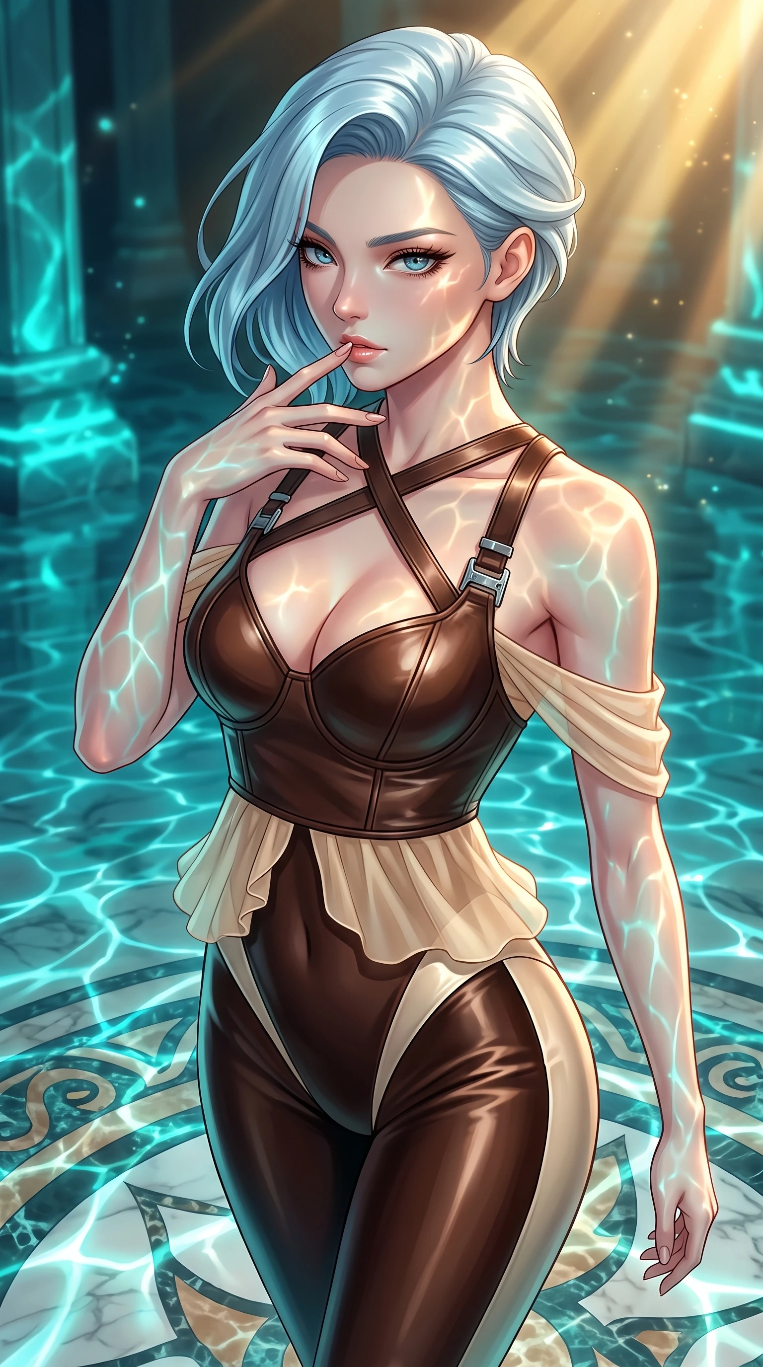 score_9, masterpiece, best quality, ultra-detailed, high-budget anime keyframe, editorial fashion photography, tasteful artistic composition, Korean woman. close-up cowboy shot from the waist and thighs up, the character dominates the composition, filling the frame with her large presence, background elements kept in soft focus. Resting two fingers near her glossy lips, casting a sharp mysterious side-gaze during her dynamic motion while gliding over a mosaic marble floor illuminated by shimmering underwater caustic ripples, golden sunbeams penetrating deep turquoise water creating caustic light ripples across her skin. She has an exceptionally elegant, slender, and willowy female figure with an ultra-slim waist, a gracefully sculpted slender torso, and a refined silhouette. sharp v-shaped jawline, high-bridge nose, intricate jewel-like eyes with depth, thick eyelashes, glossy lips with a natural sheen, flawlessly proportioned anatomical accuracy, natural body alignment, perfectly sculpted elegant limbs, clean dynamic posture without body distortion. wearing a tailored leather bustier over a sheer silk chiffon blouse in espresso brown and warm cream, made of premium stretch velvet with a rich sheen, complemented by criss-cross back straps highlighting her bare shoulders, the tailored fabric tightly following every curve of her athletic build. illuminated by luminous aqua bioluminescence and warm golden top lighting. highly saturated vibrant anime colors, detailed shading with soft gradients, rich glossy textures, high-contrast stereoscopic depth, volumetric dynamic lighting, master piece, 9:16 ratio